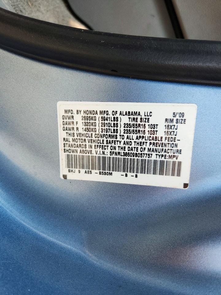 2009 Honda Odyssey Ex (with Leather) Turquoise vin: 5FNRL38609B057757