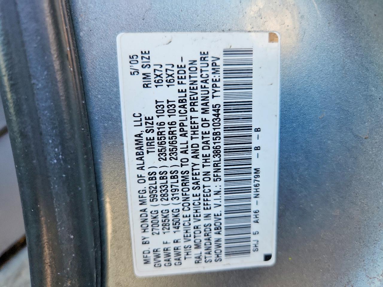 2005 Honda Odyssey Exl Blue vin: 5FNRL38615B103445