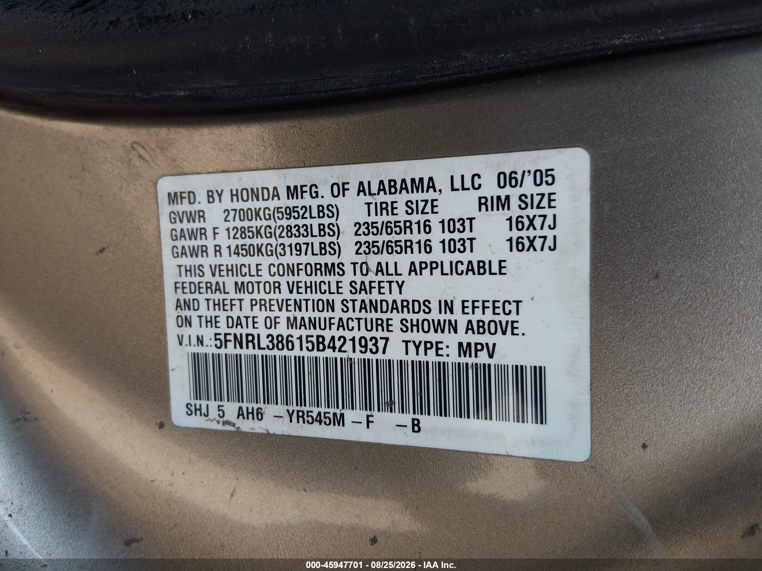 2005 Honda Odyssey Ex-l Gold vin: 5FNRL38615B421937