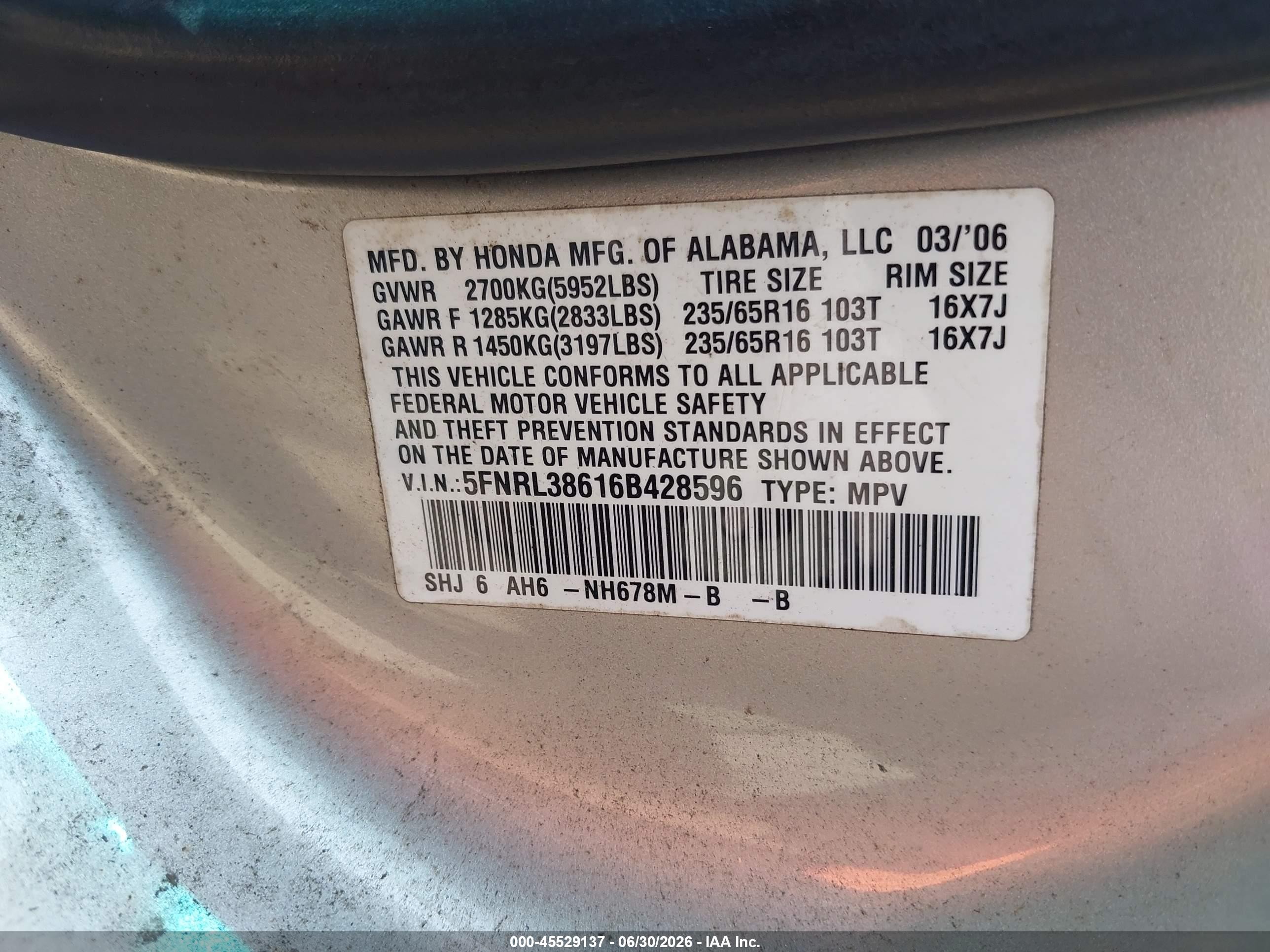 2006 Honda Odyssey Ex-l Silver vin: 5FNRL38616B428596