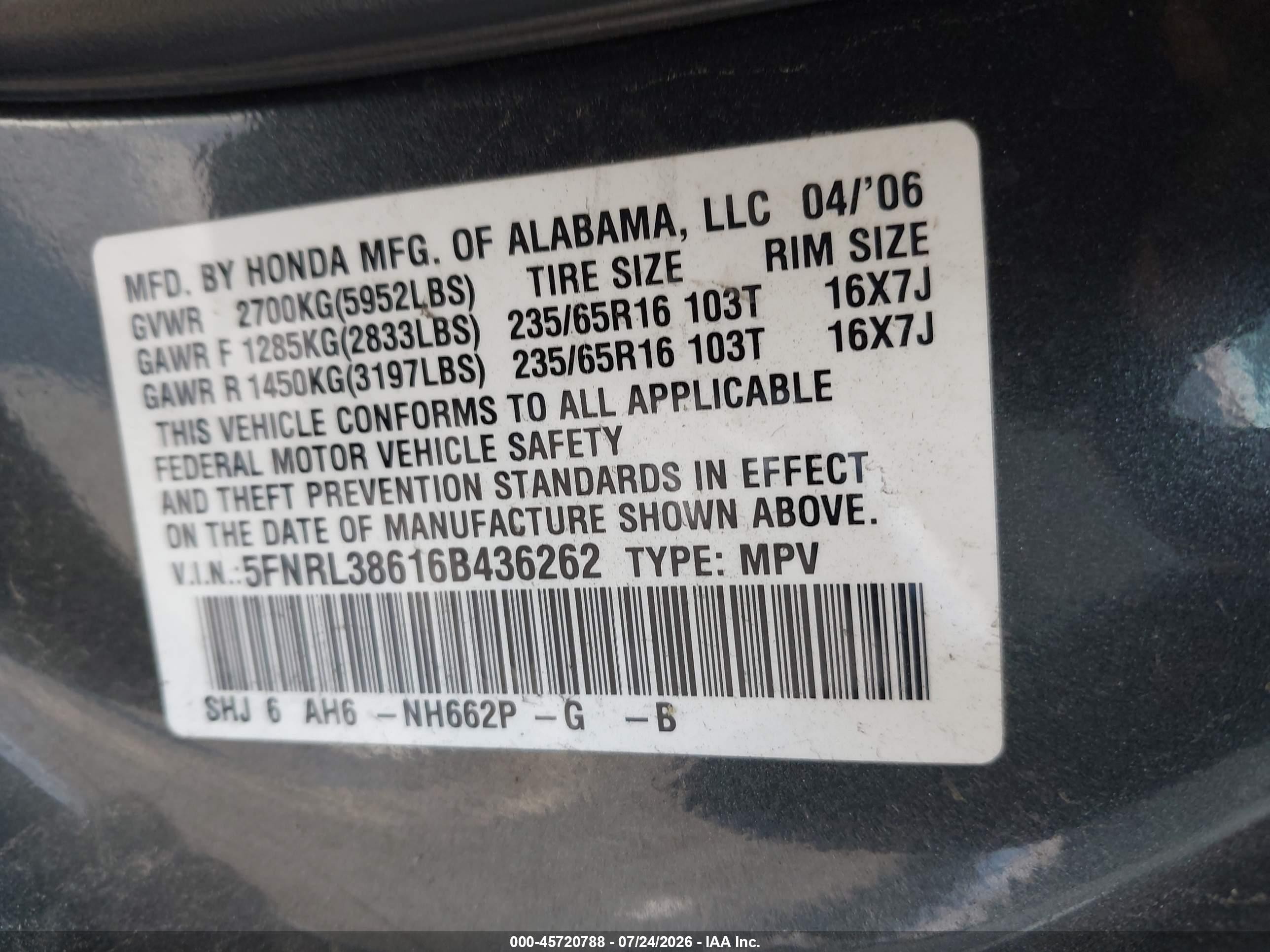 2006 Honda Odyssey Ex-l Blue vin: 5FNRL38616B436262