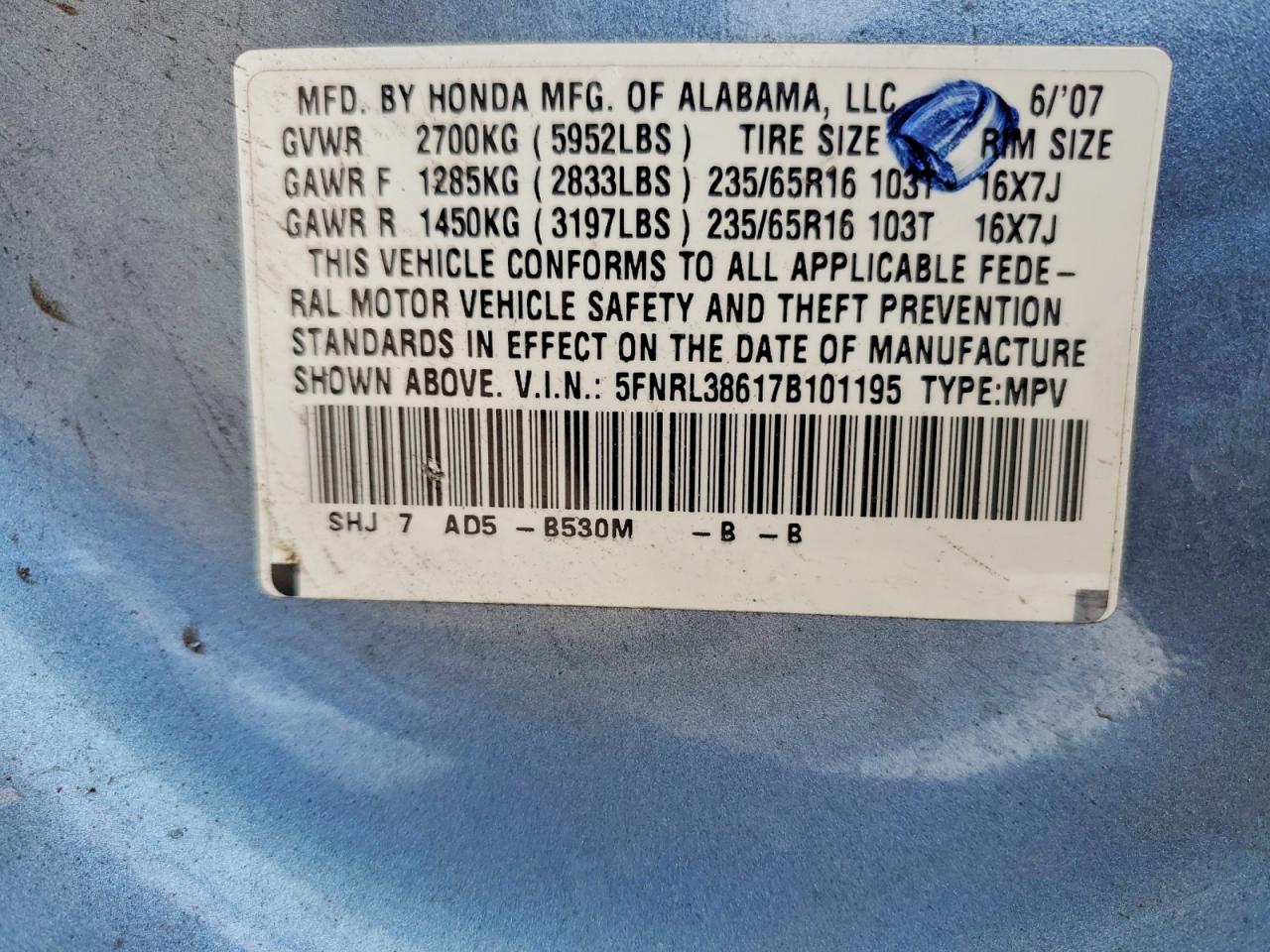 2007 Honda Odyssey Exl Blue vin: 5FNRL38617B101195