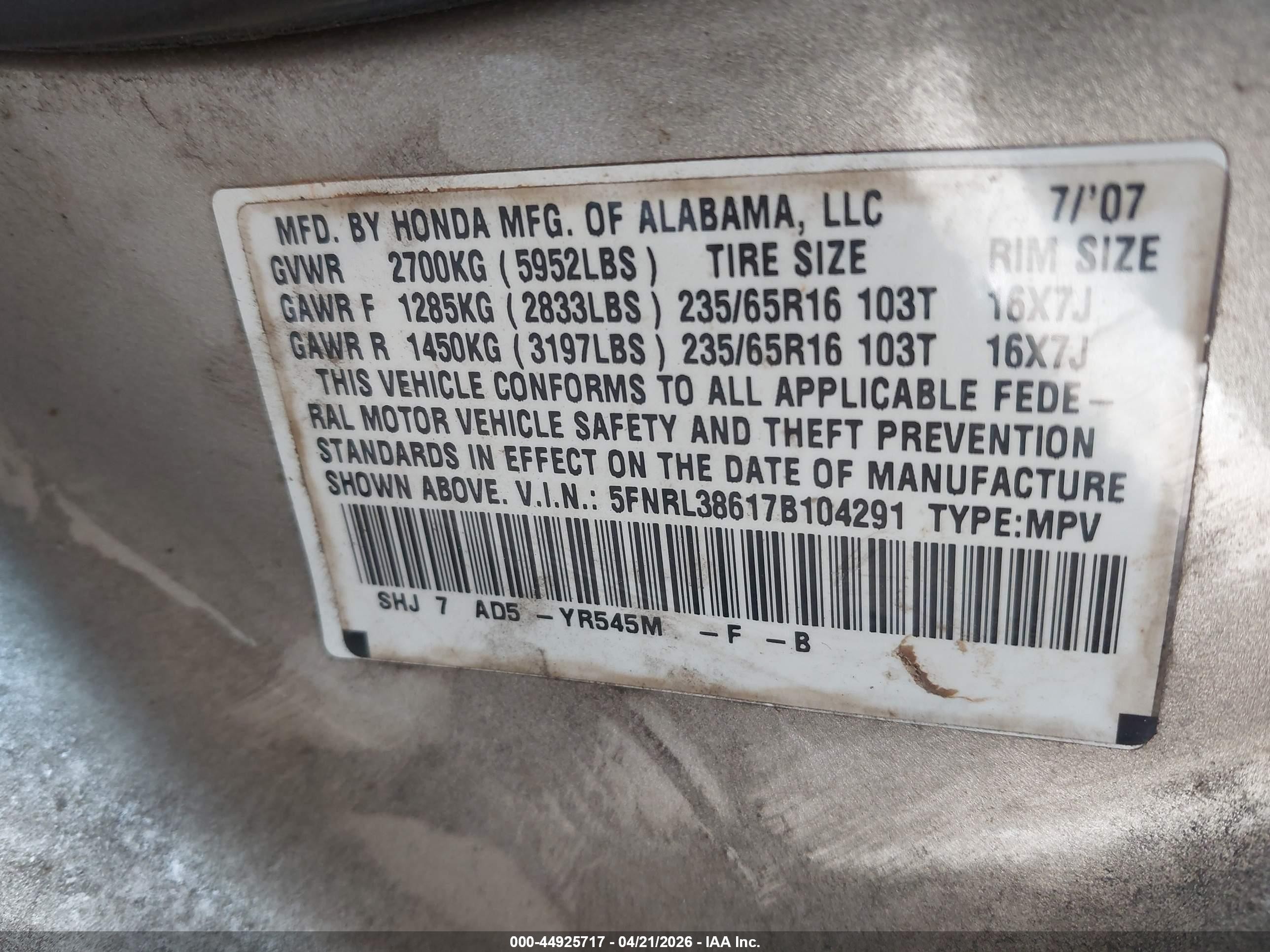 2007 Honda Odyssey Ex-l Gold vin: 5FNRL38617B104291