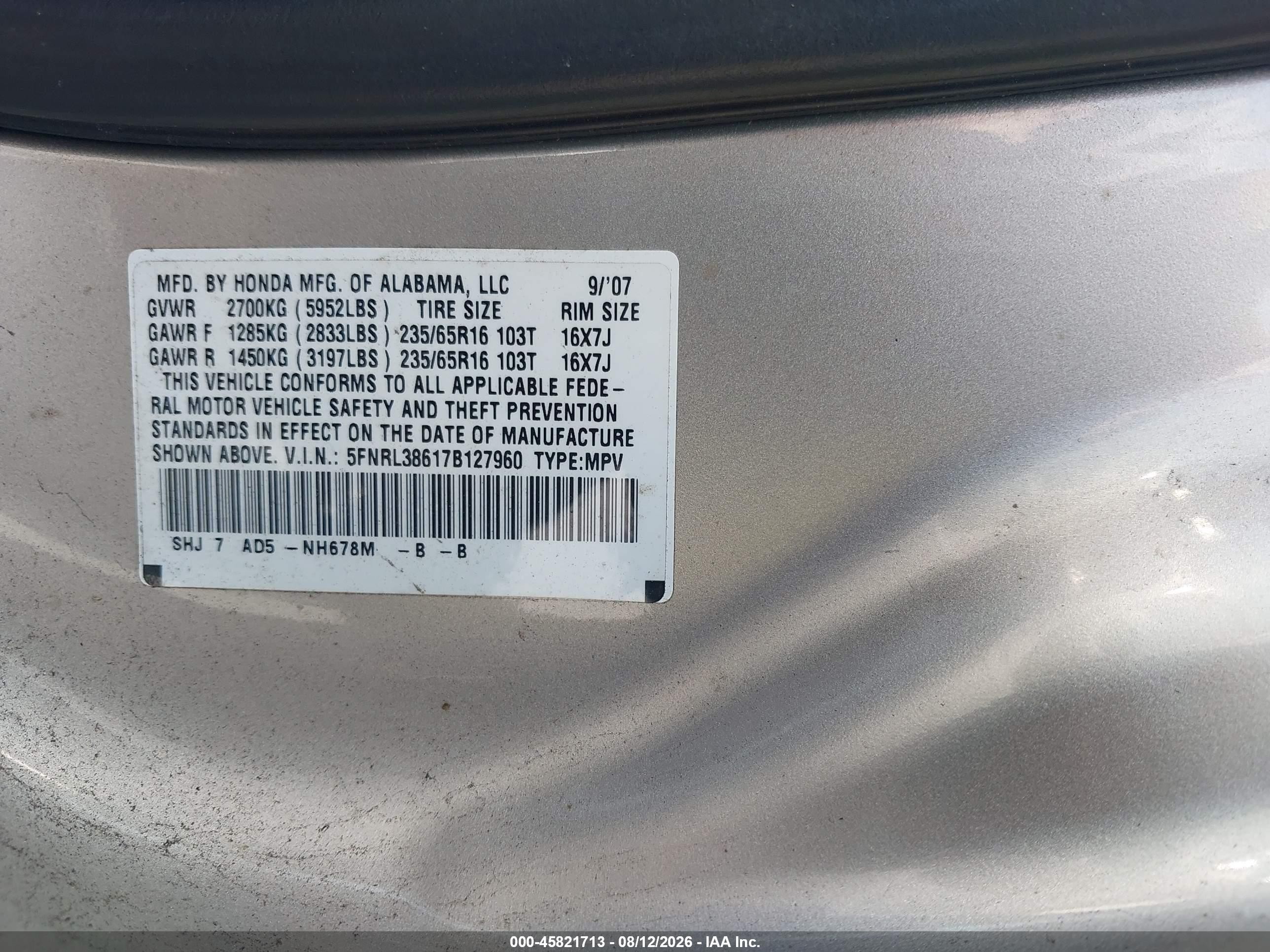 2007 Honda Odyssey Ex-l Beige vin: 5FNRL38617B127960