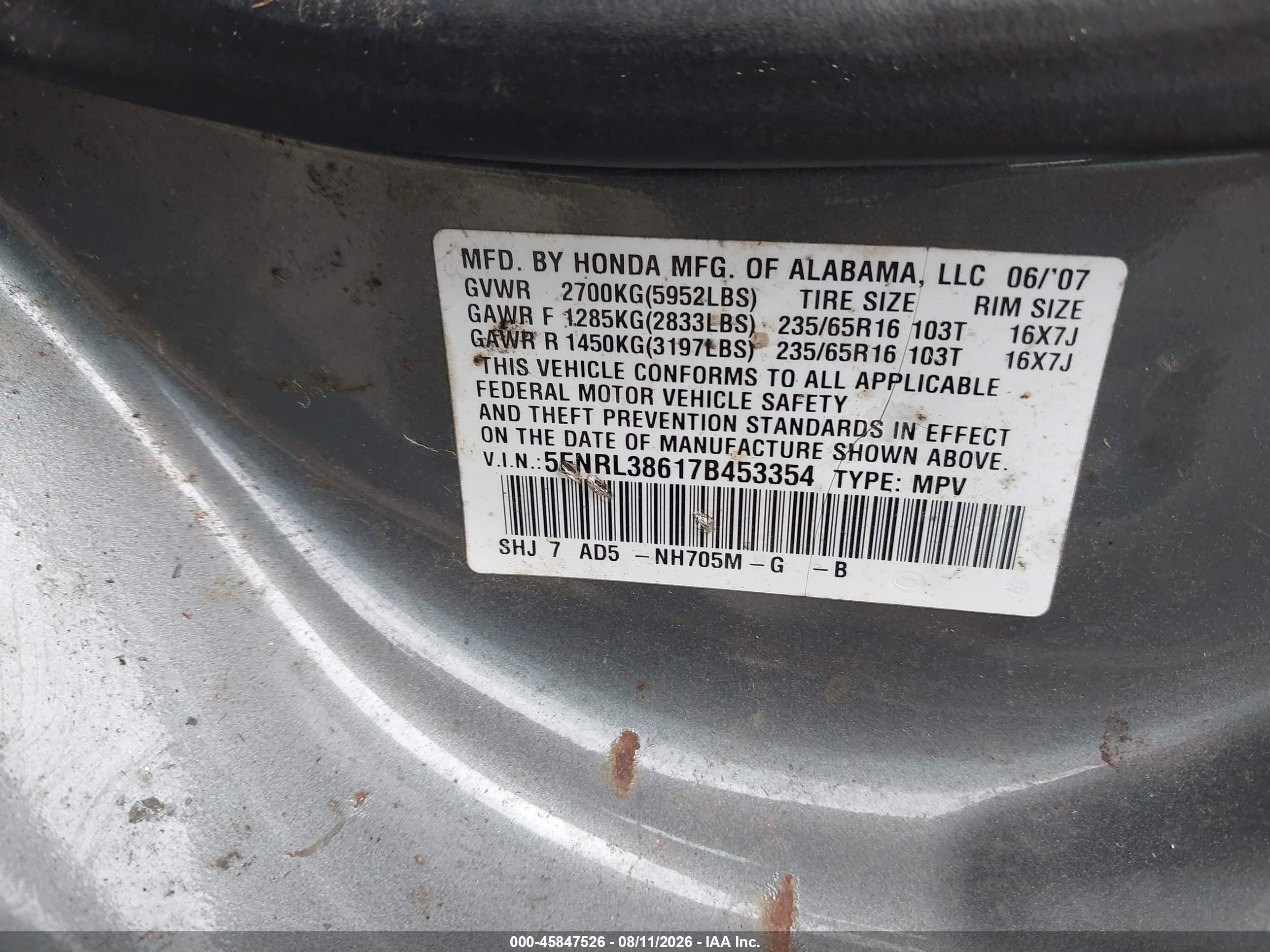 2007 Honda Odyssey Ex-l Gray vin: 5FNRL38617B453354