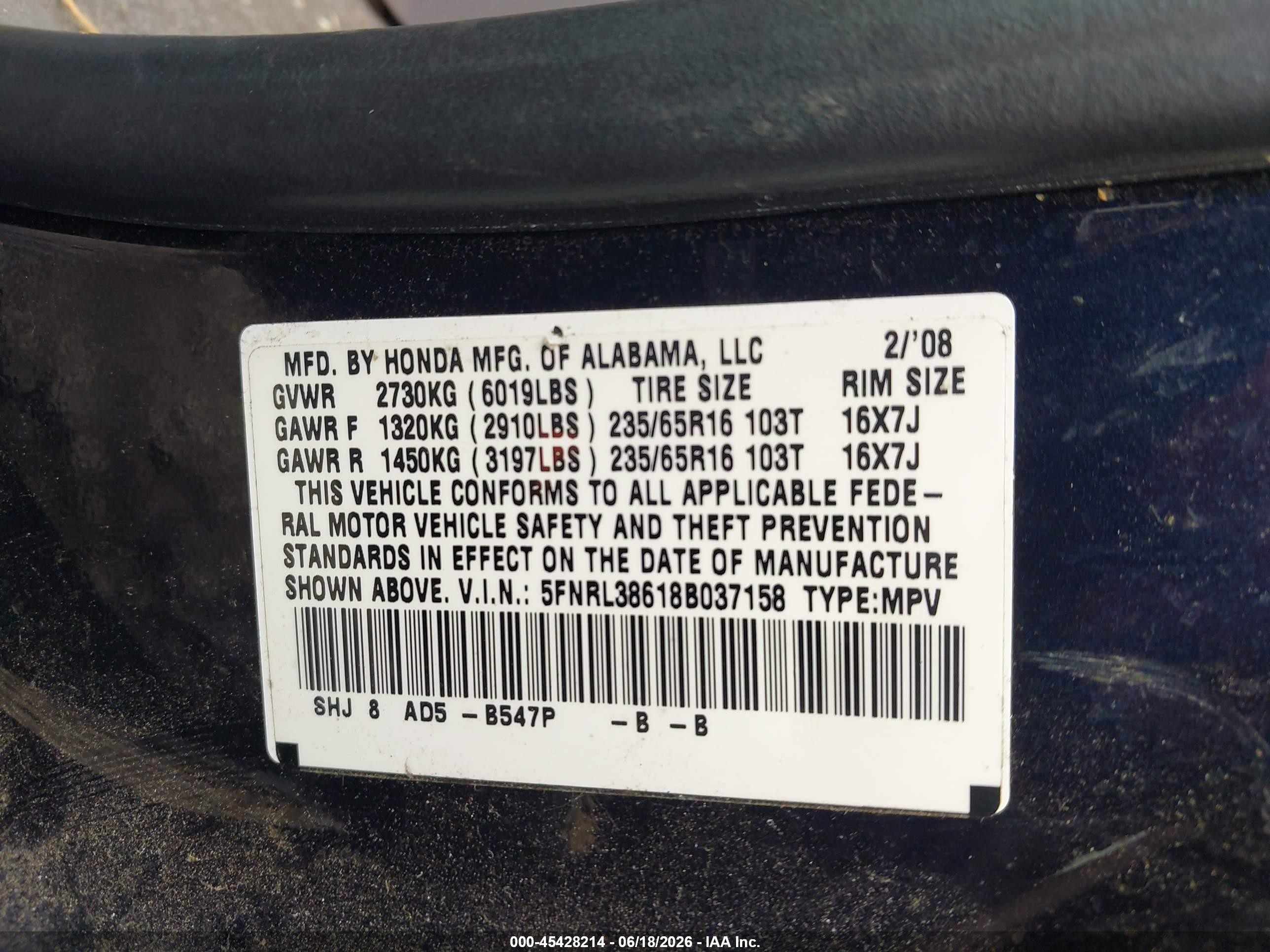 2008 Honda Odyssey Ex-l Blue vin: 5FNRL38618B037158