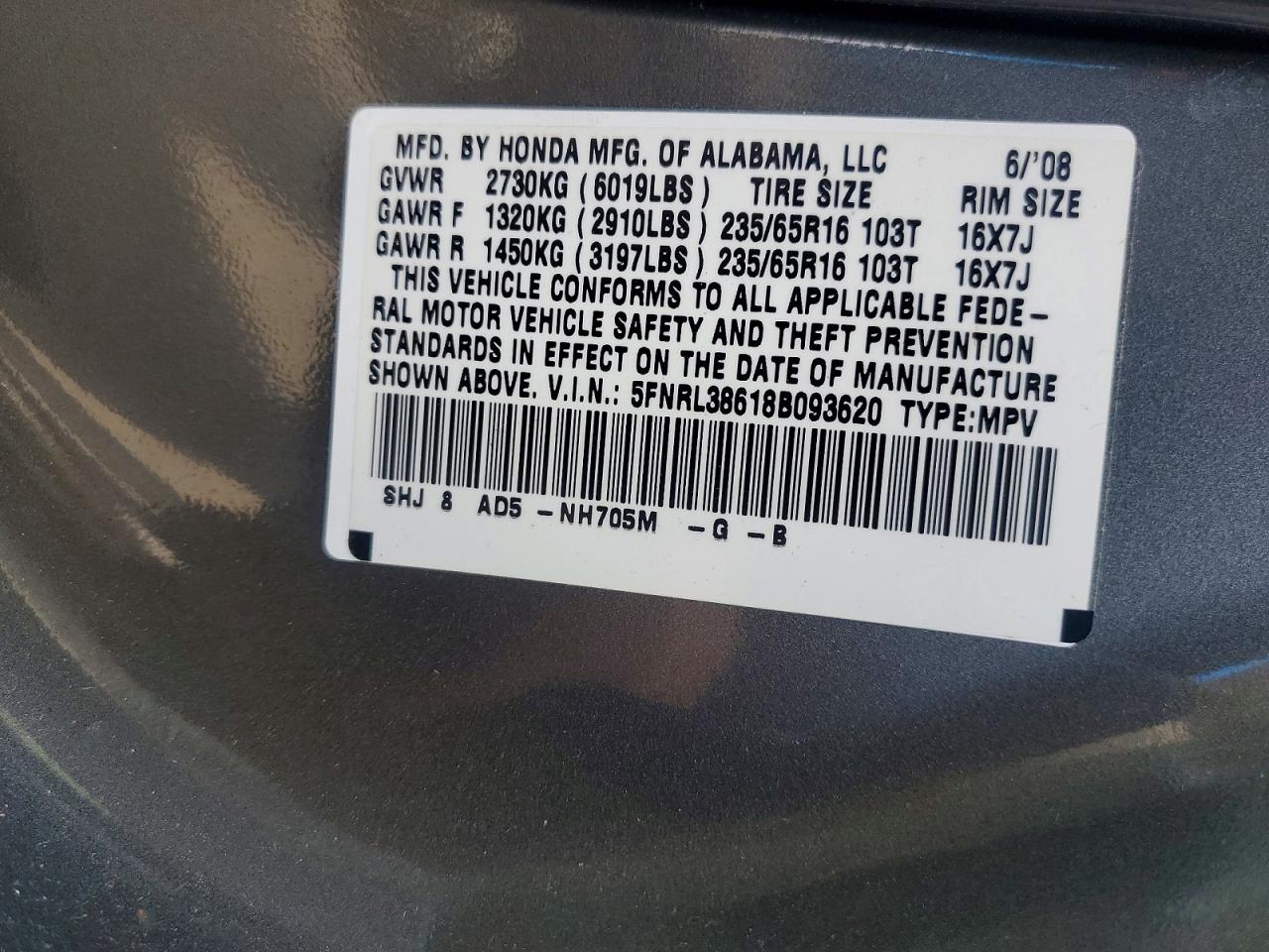 2008 Honda Odyssey Exl Gray vin: 5FNRL38618B093620