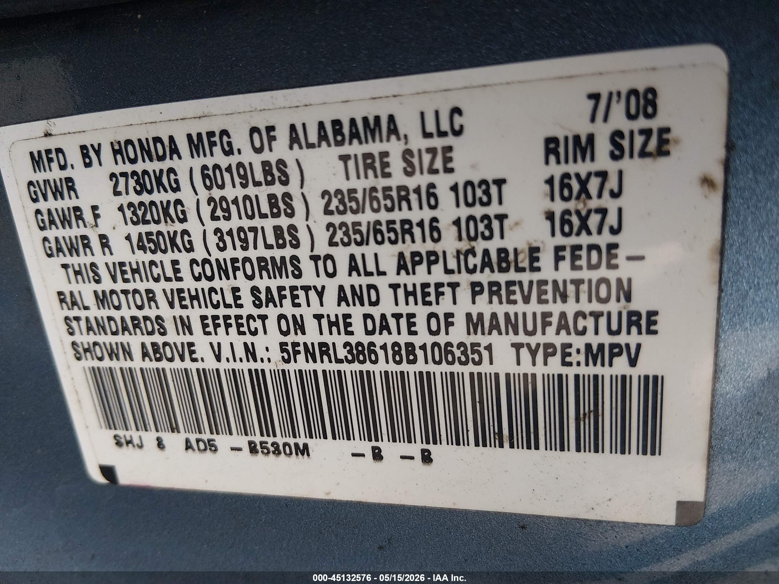 2008 Honda Odyssey Ex-l Синий vin: 5FNRL38618B106351