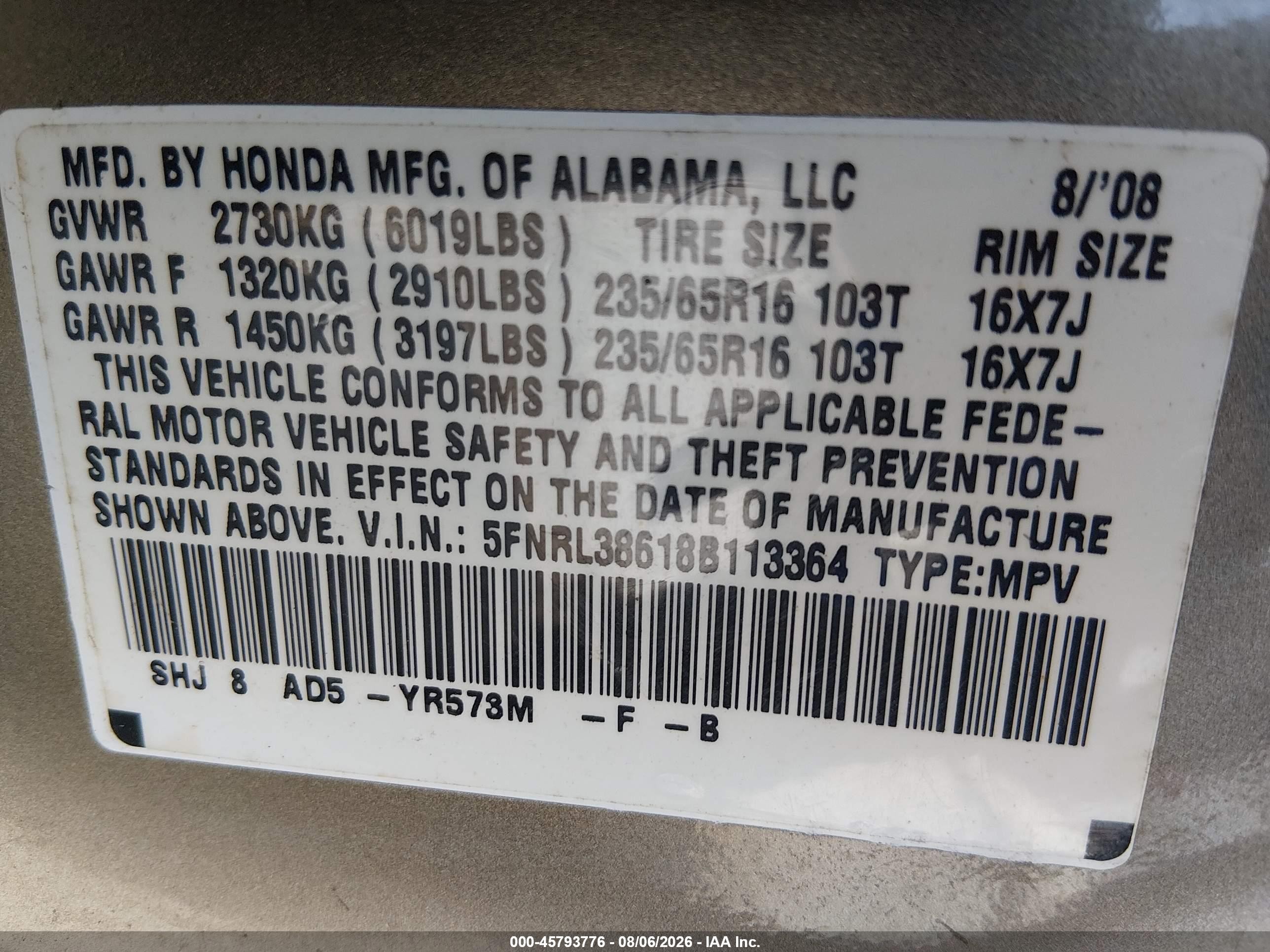 2008 Honda Odyssey Ex-l Champagne vin: 5FNRL38618B113364