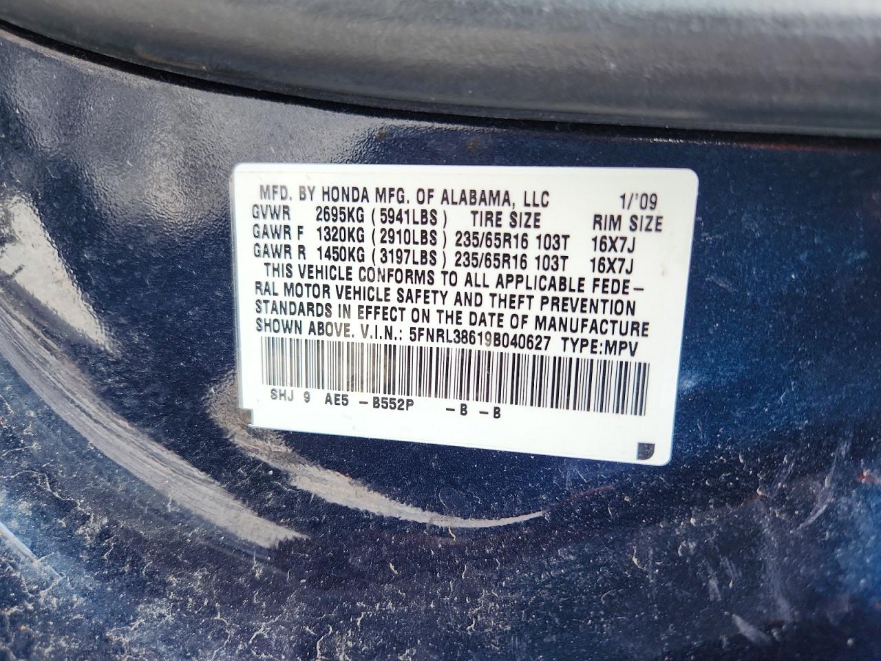 2009 Honda Odyssey Exl Blue vin: 5FNRL38619B040627
