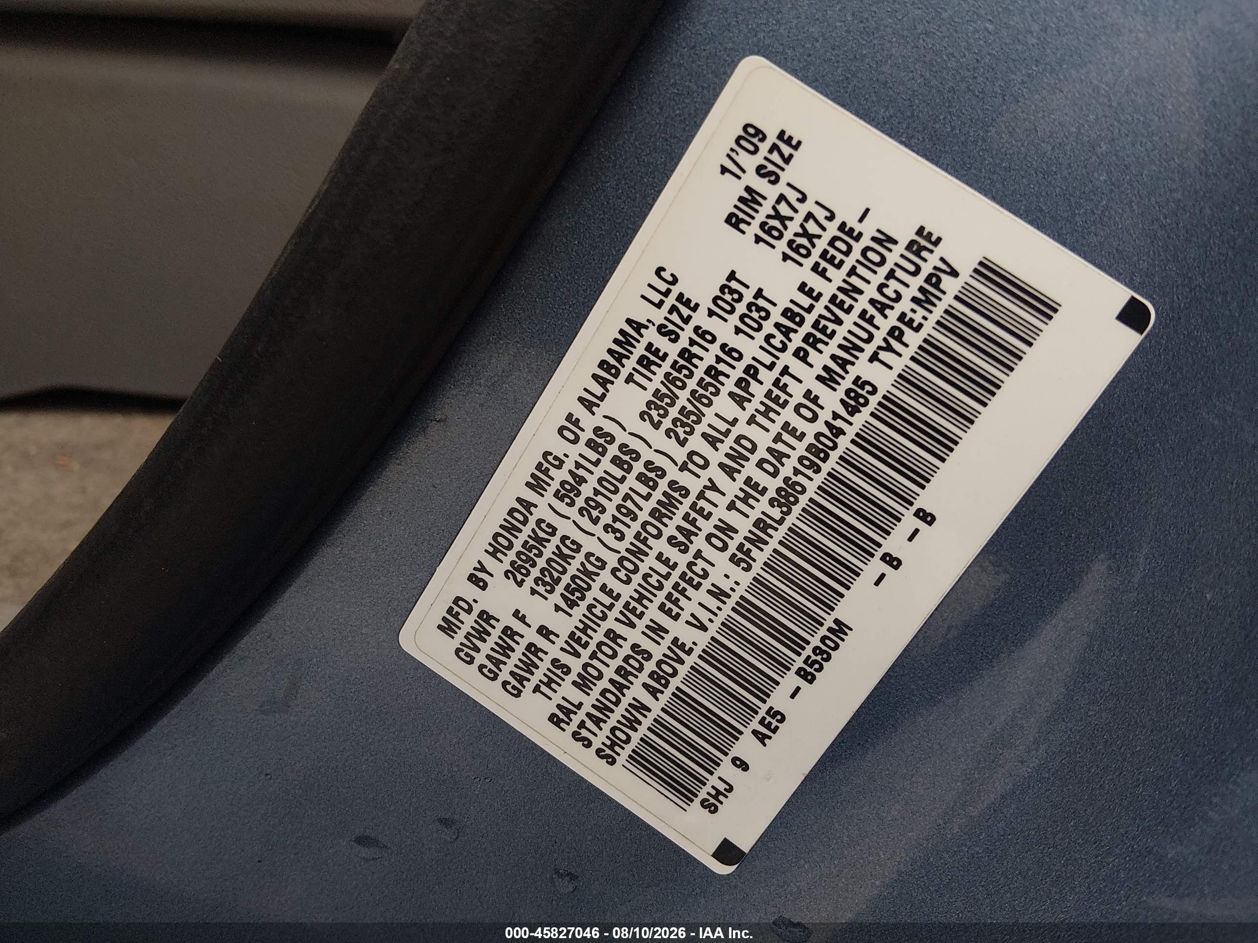 2009 Honda Odyssey Ex-l Blue vin: 5FNRL38619B041485