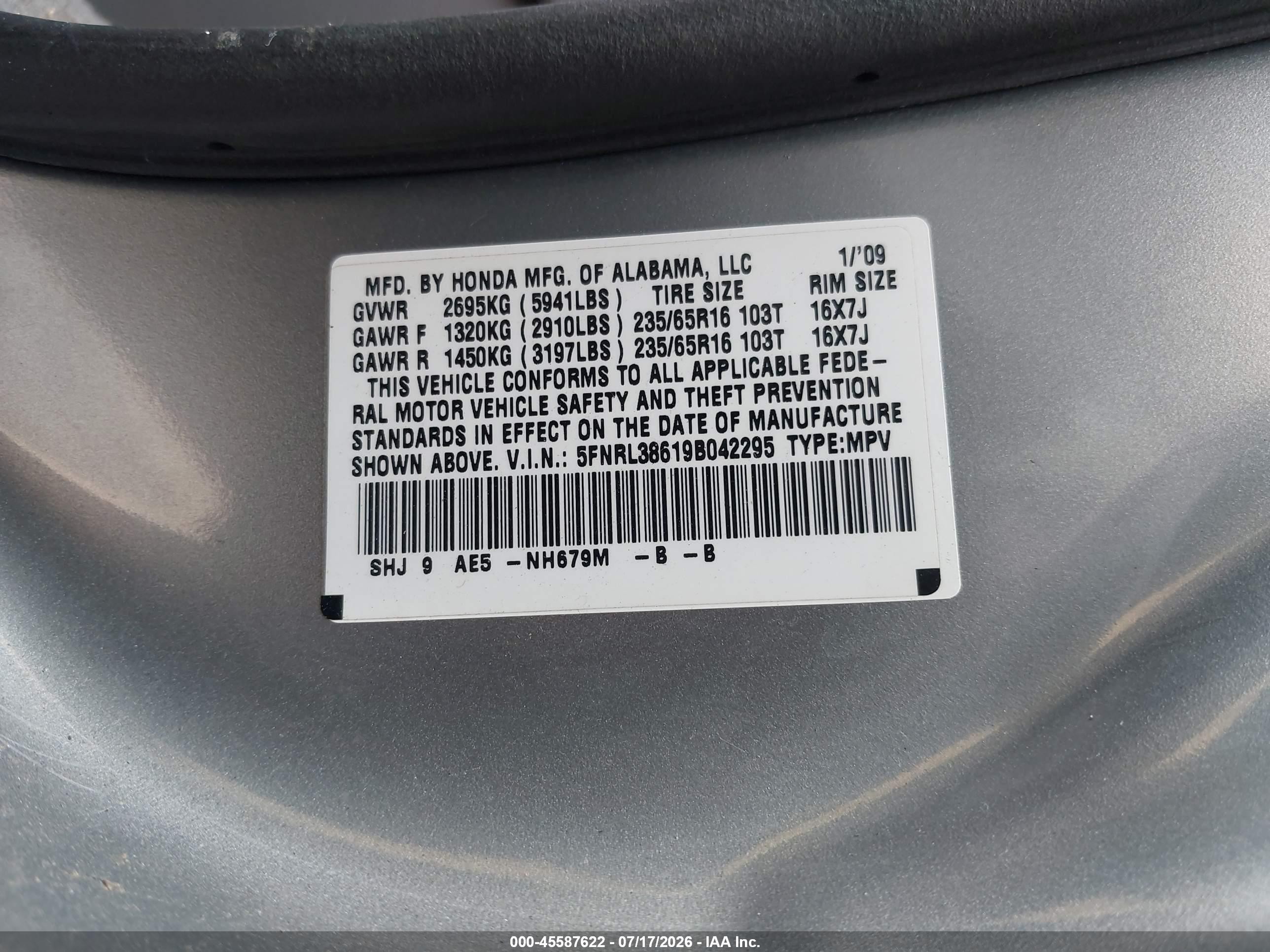 2009 Honda Odyssey Ex-l Silver vin: 5FNRL38619B042295