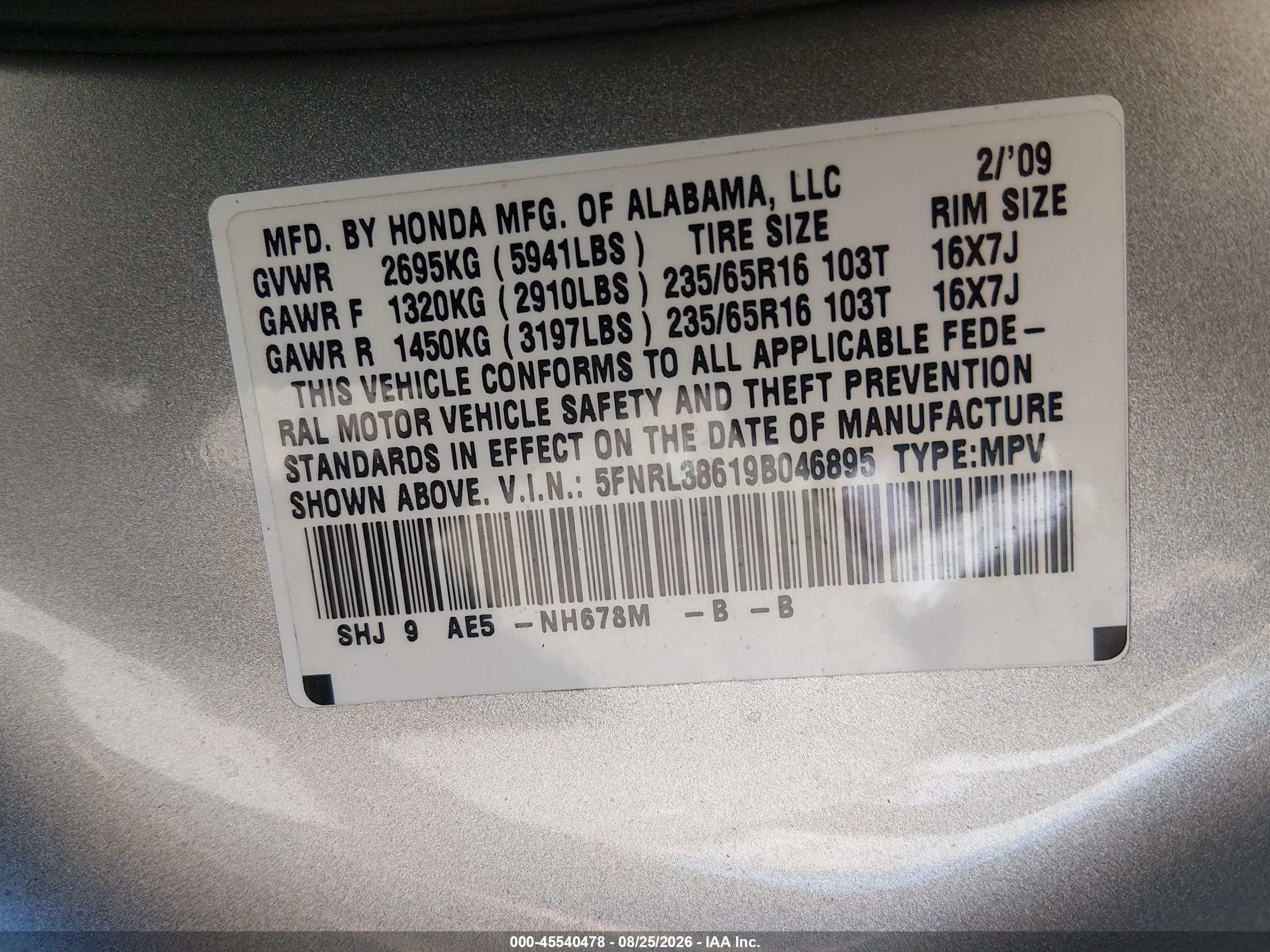 2009 Honda Odyssey Ex-l Silver vin: 5FNRL38619B046895