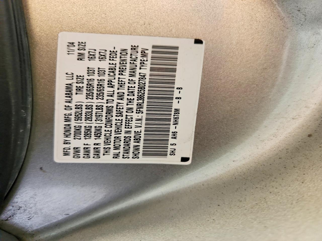 2005 Honda Odyssey Exl Silver vin: 5FNRL38625B027847