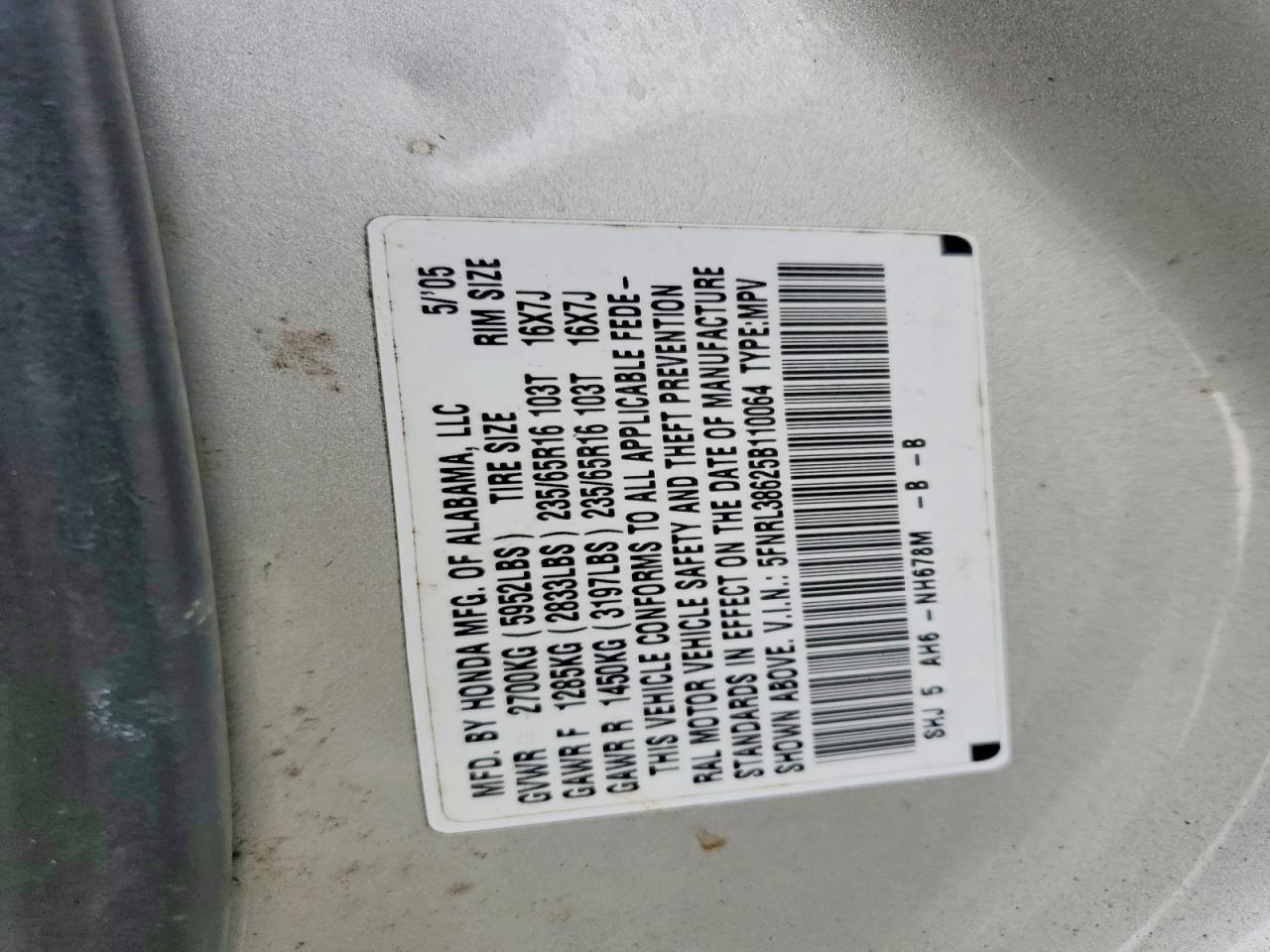 2005 Honda Odyssey Exl Серебряный vin: 5FNRL38625B110064