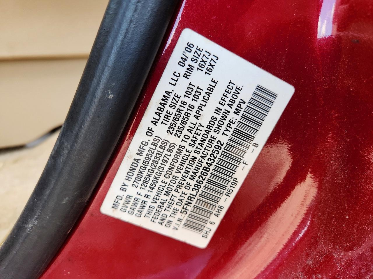 2006 Honda Odyssey Exl Red vin: 5FNRL38626B432592
