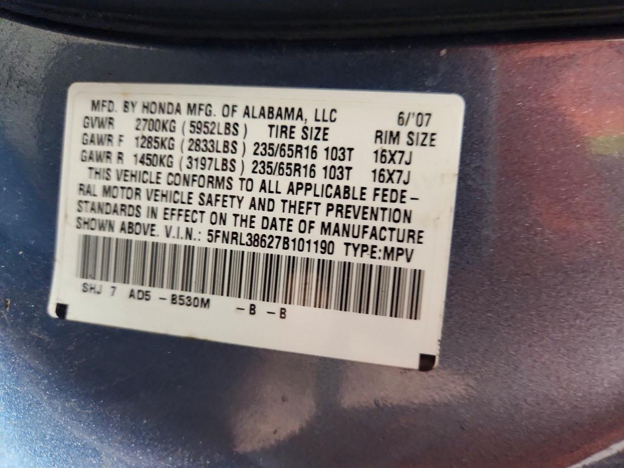 2007 Honda Odyssey Exl Blue vin: 5FNRL38627B101190