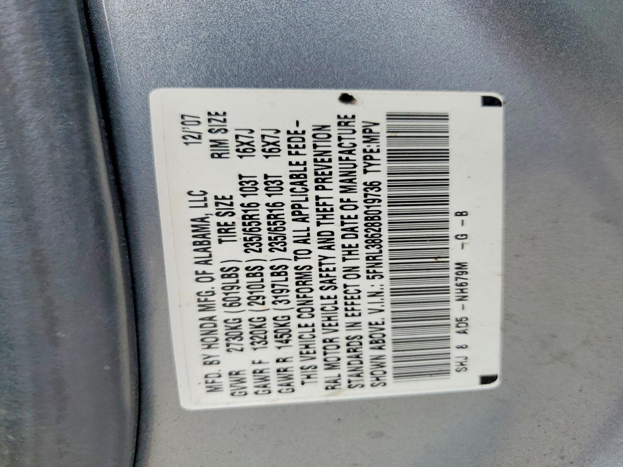 2008 Honda Odyssey Exl Silver vin: 5FNRL38628B019736