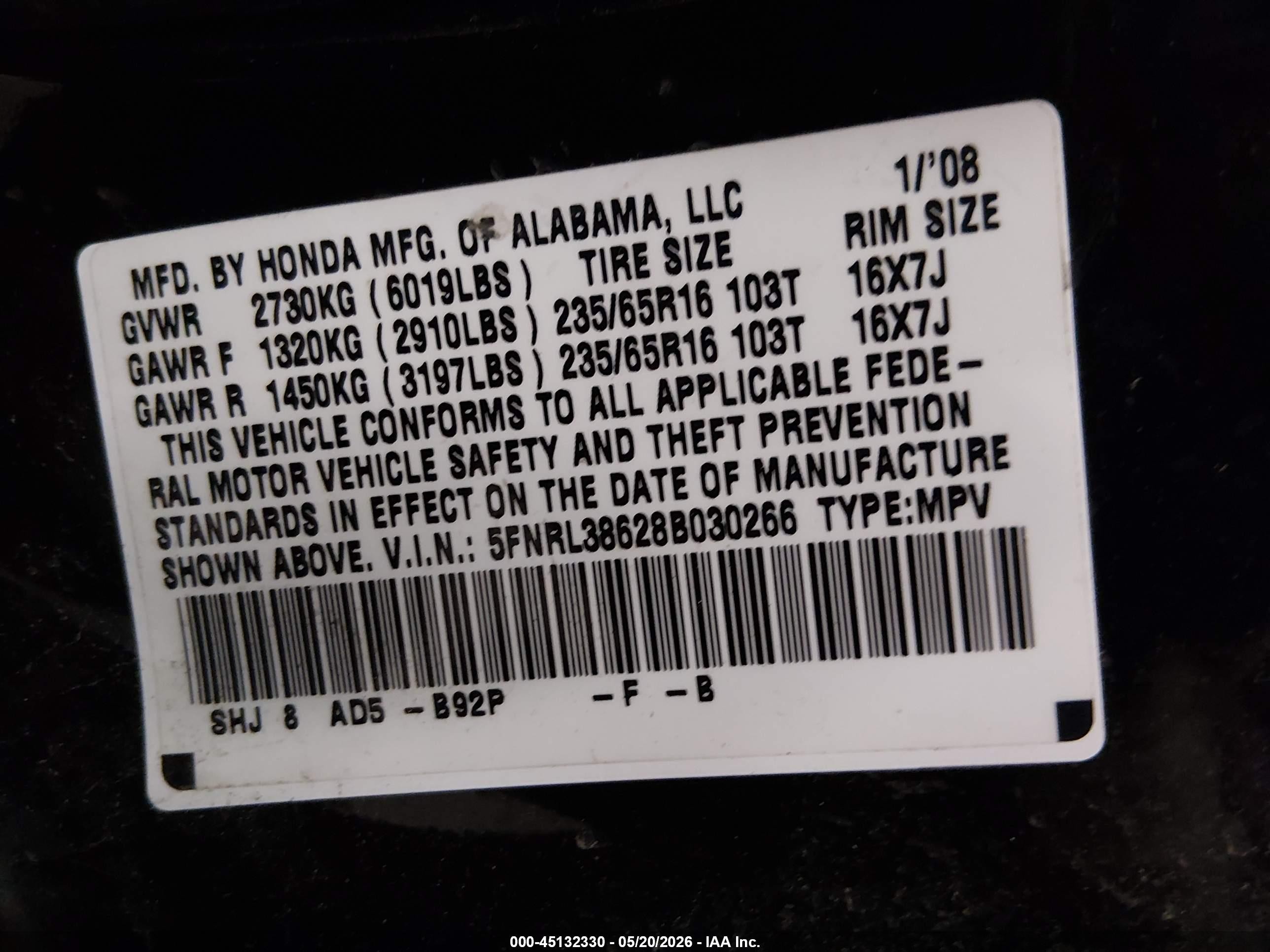 2008 Honda Odyssey Ex-l Black vin: 5FNRL38628B030266
