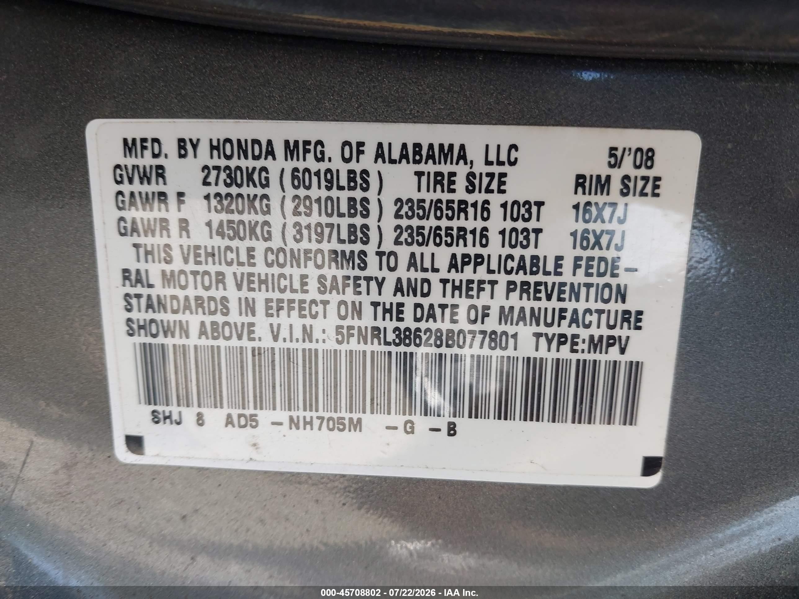 2008 Honda Odyssey Ex-l Gray vin: 5FNRL38628B077801