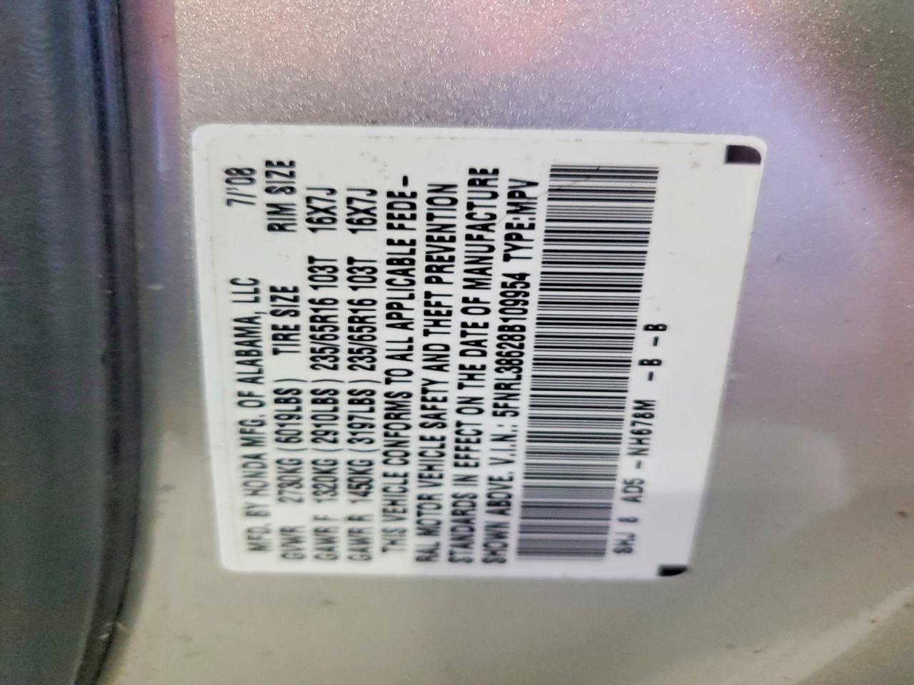 2008 Honda Odyssey Exl Silver vin: 5FNRL38628B109954