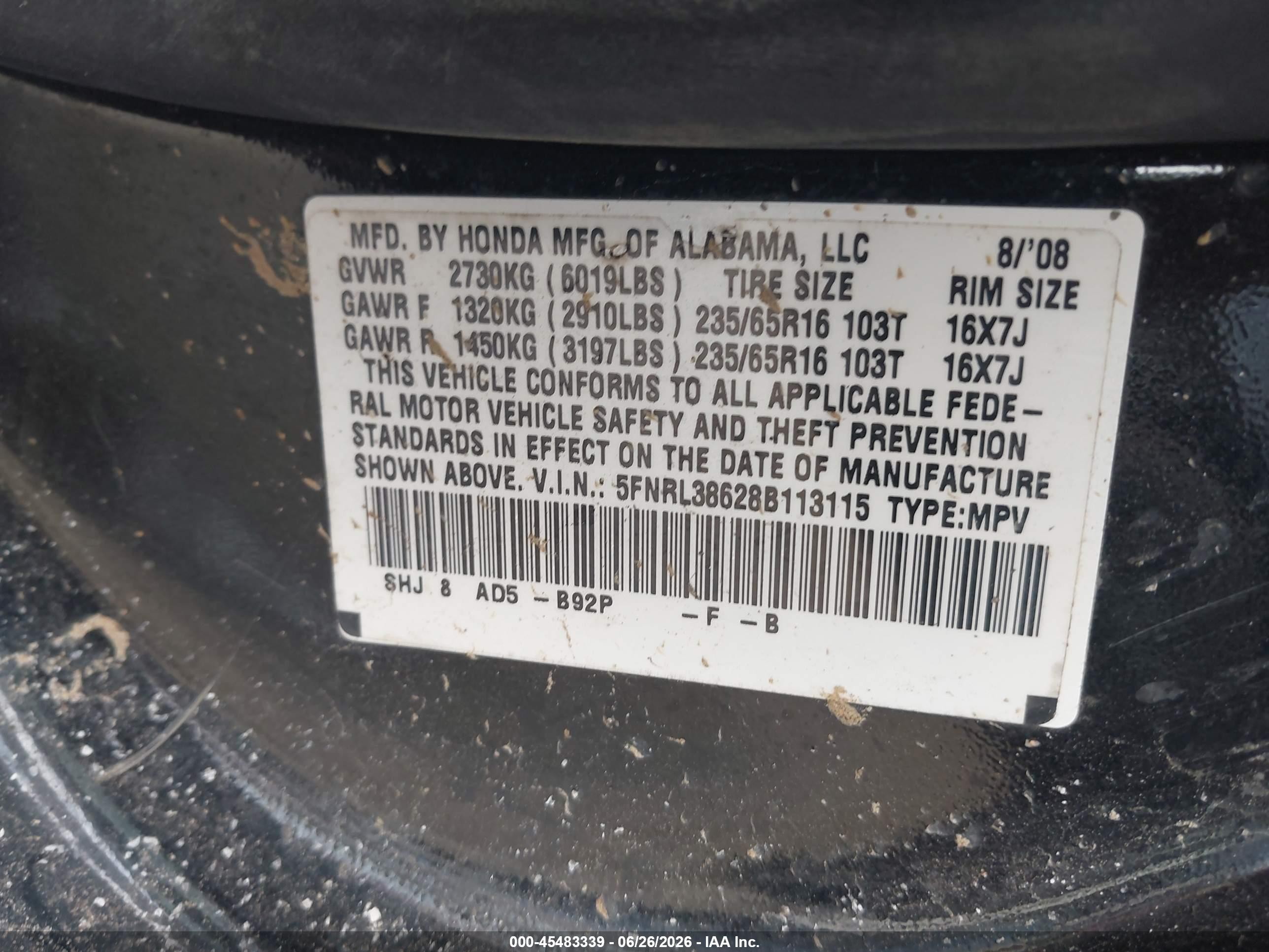 2008 Honda Odyssey Ex-l Black vin: 5FNRL38628B113115