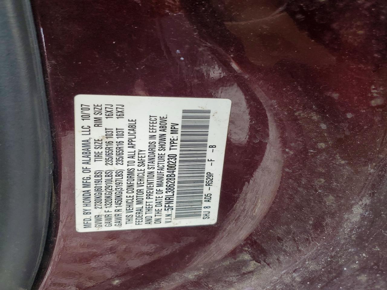 2008 Honda Odyssey Exl Burgundy vin: 5FNRL38628B400230