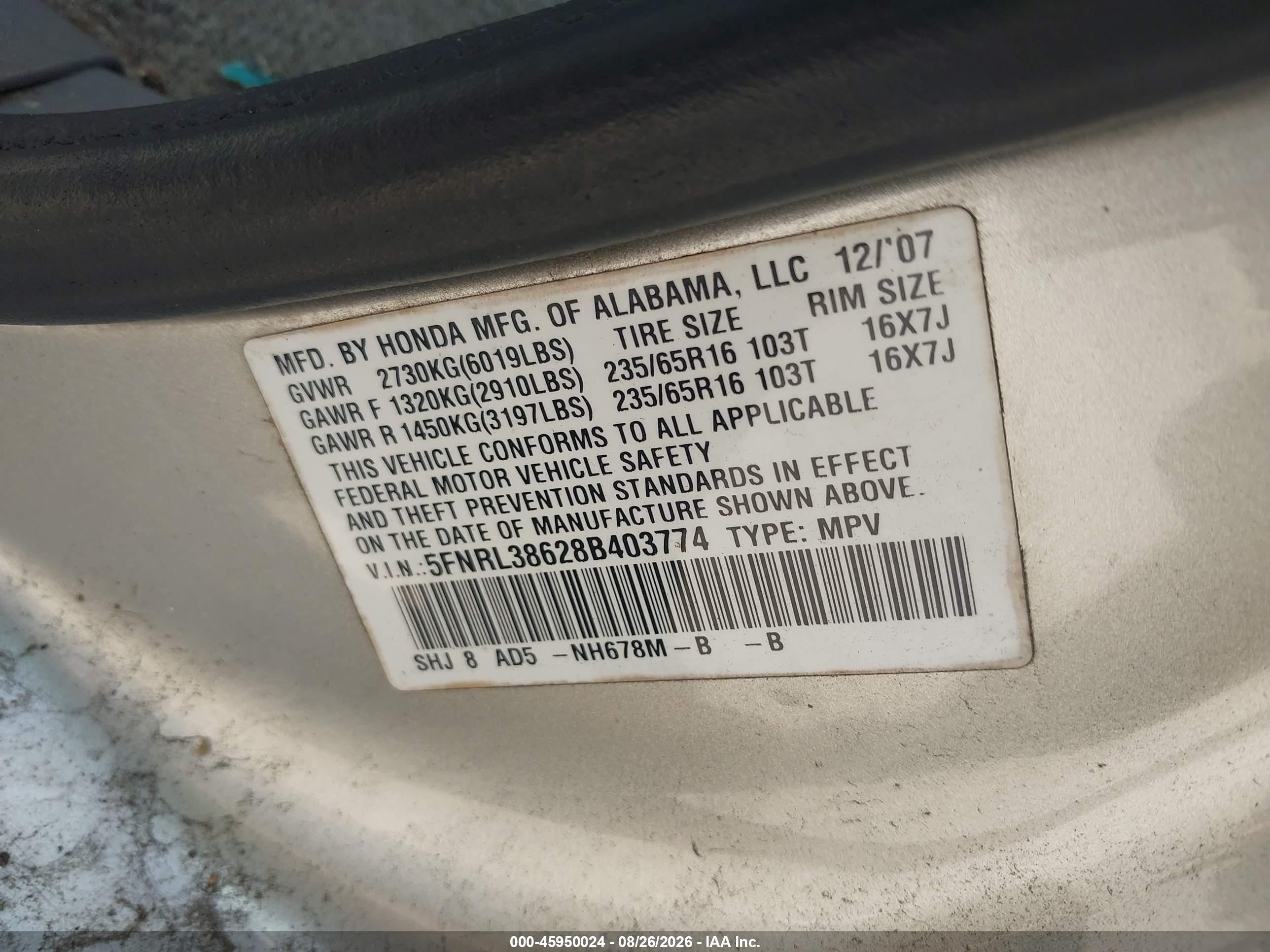 2008 Honda Odyssey Ex-l Silver vin: 5FNRL38628B403774