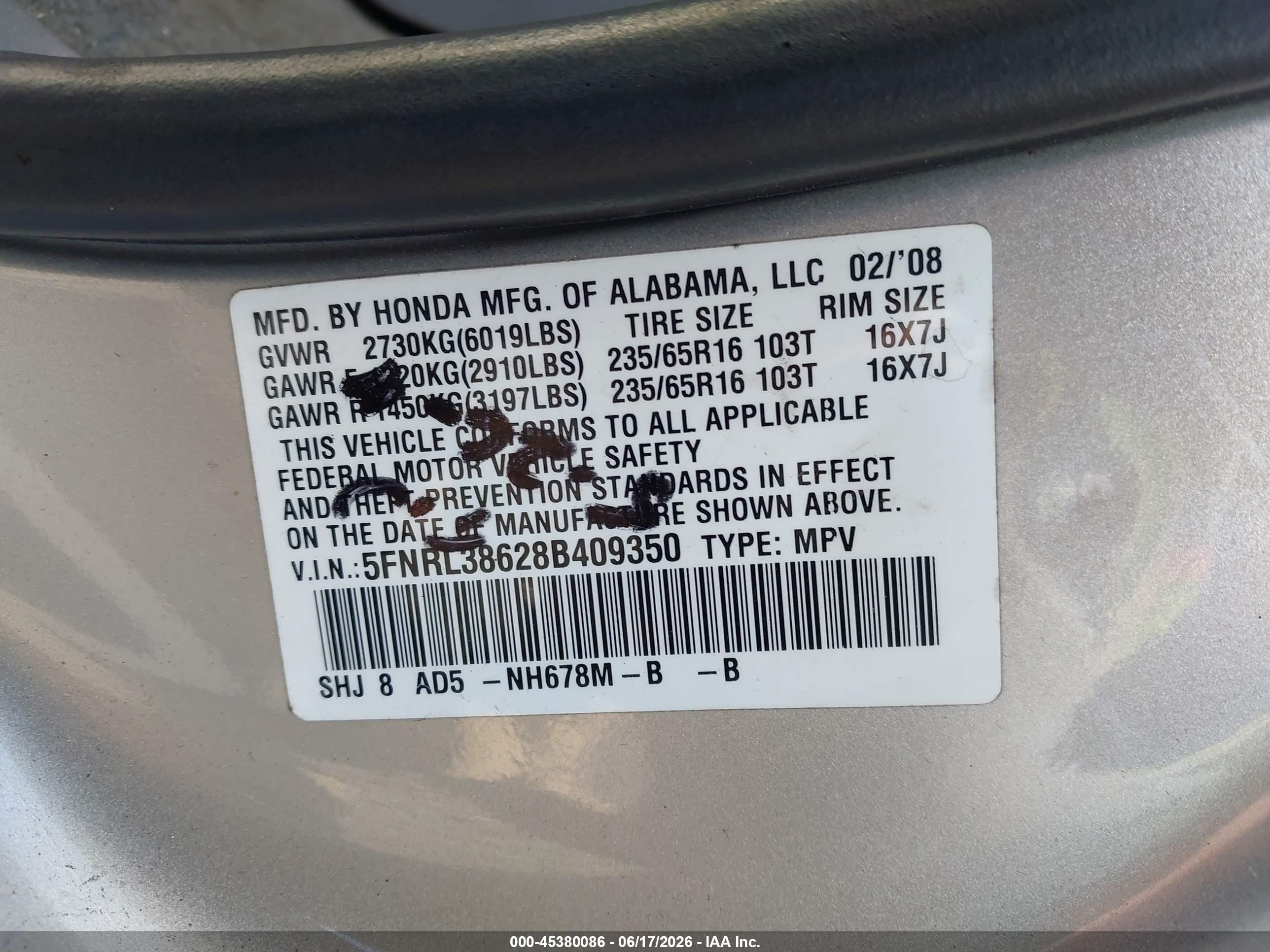 2008 Honda Odyssey Ex-l Silver vin: 5FNRL38628B409350