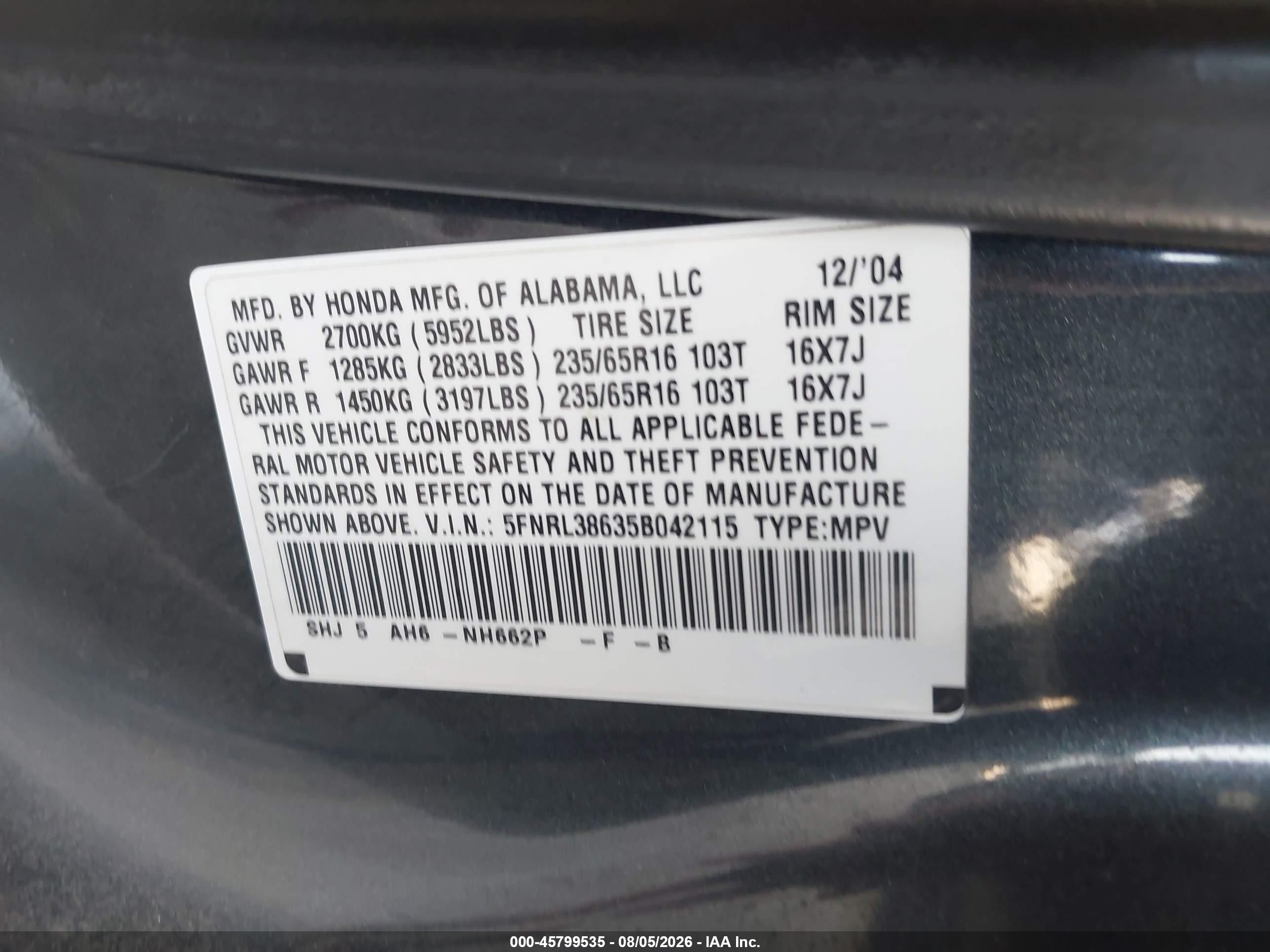 2005 Honda Odyssey Ex-l Navy vin: 5FNRL38635B042115