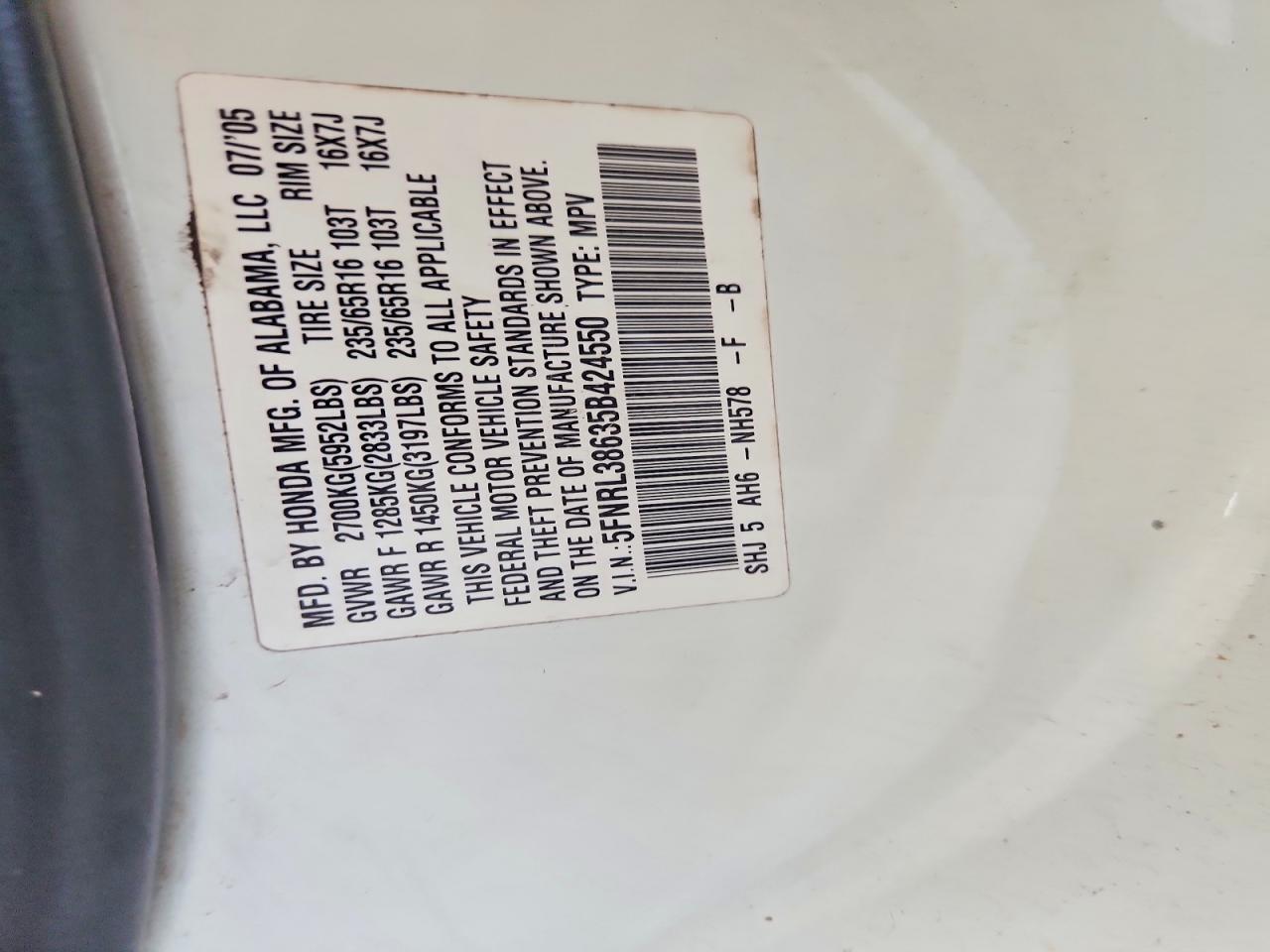 2005 Honda Odyssey Exl White vin: 5FNRL38635B424550