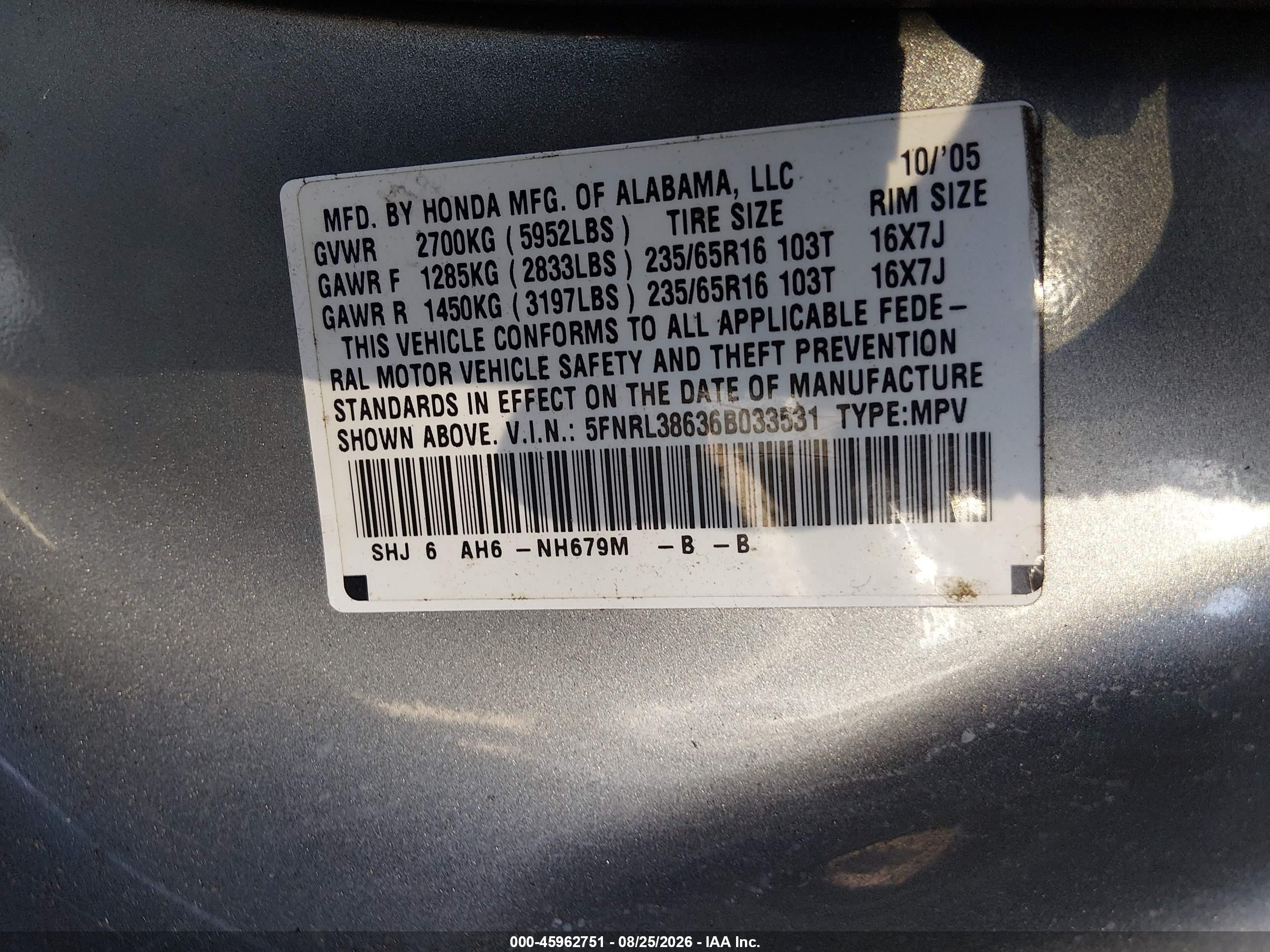 2006 Honda Odyssey Ex-l Light Blue vin: 5FNRL38636B033531