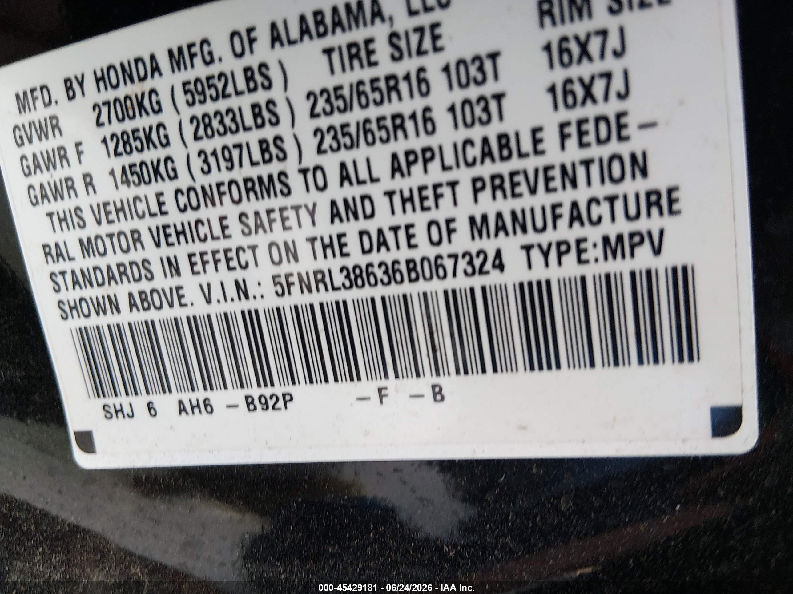 2006 Honda Odyssey Ex-l Black vin: 5FNRL38636B067324