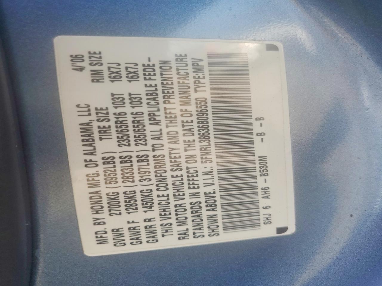 2006 Honda Odyssey Exl Blue vin: 5FNRL38636B096550