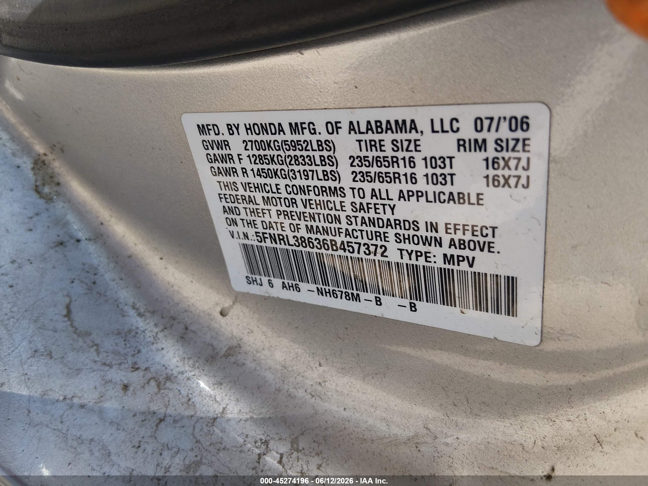 2006 Honda Odyssey Ex-l Серебряный vin: 5FNRL38636B457372