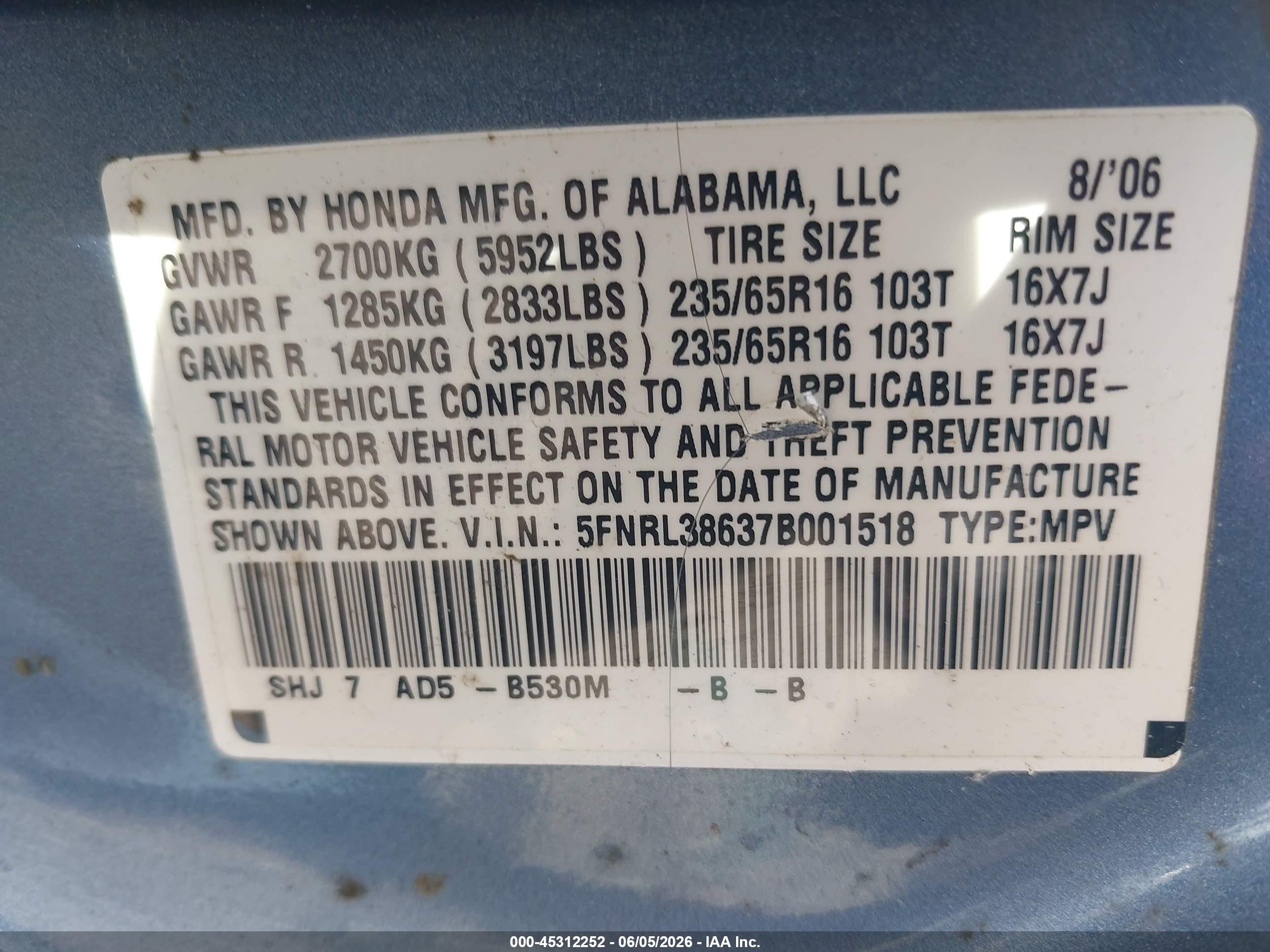 2007 Honda Odyssey Ex-l Light Blue vin: 5FNRL38637B001518