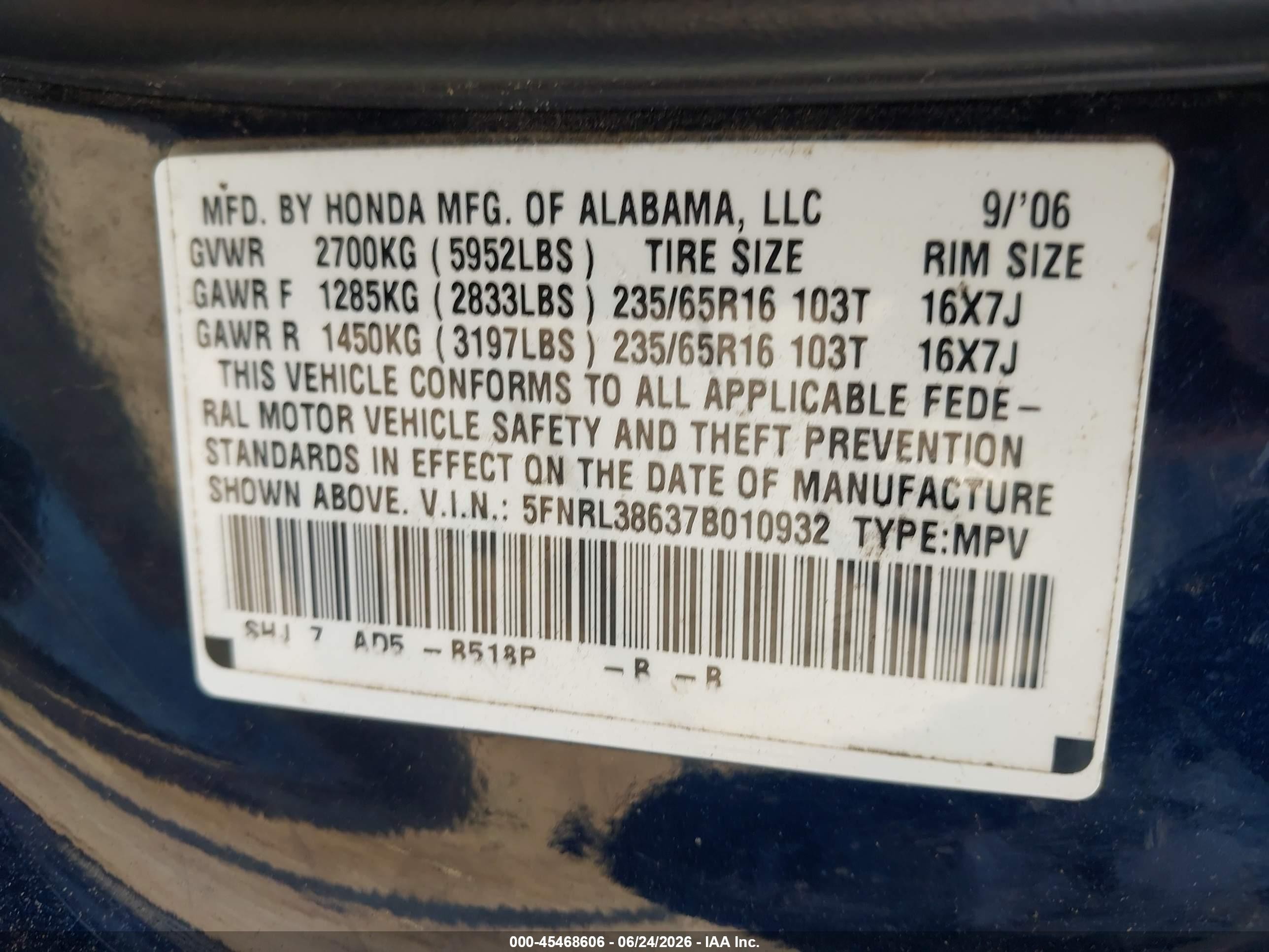 2007 Honda Odyssey Ex-l Dark Blue vin: 5FNRL38637B010932