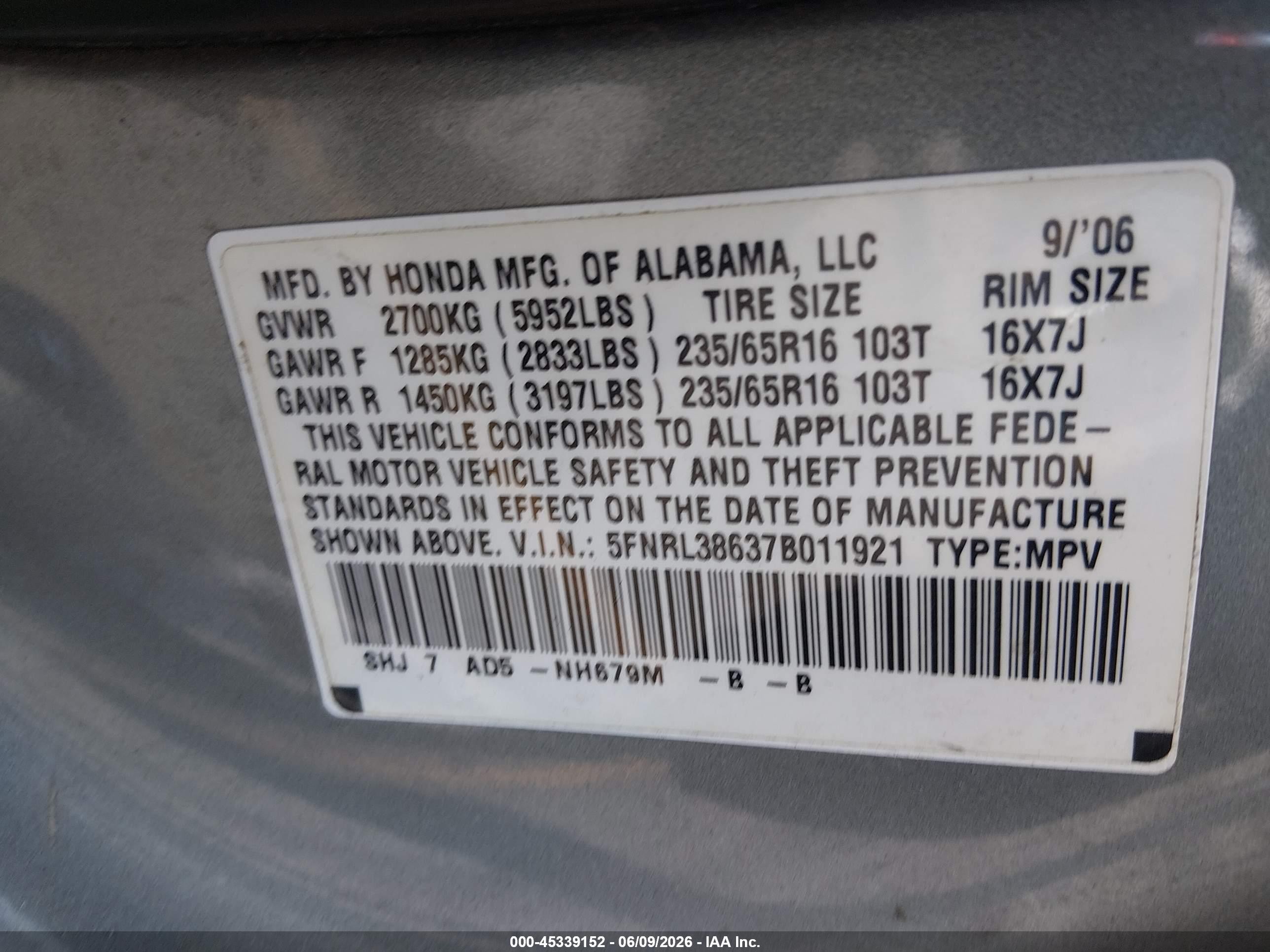 2007 Honda Odyssey Ex-l Синий vin: 5FNRL38637B011921