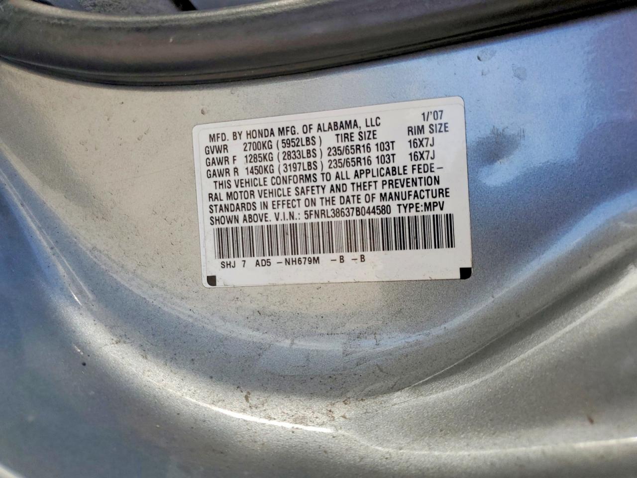 2007 Honda Odyssey Exl Silver vin: 5FNRL38637B044580