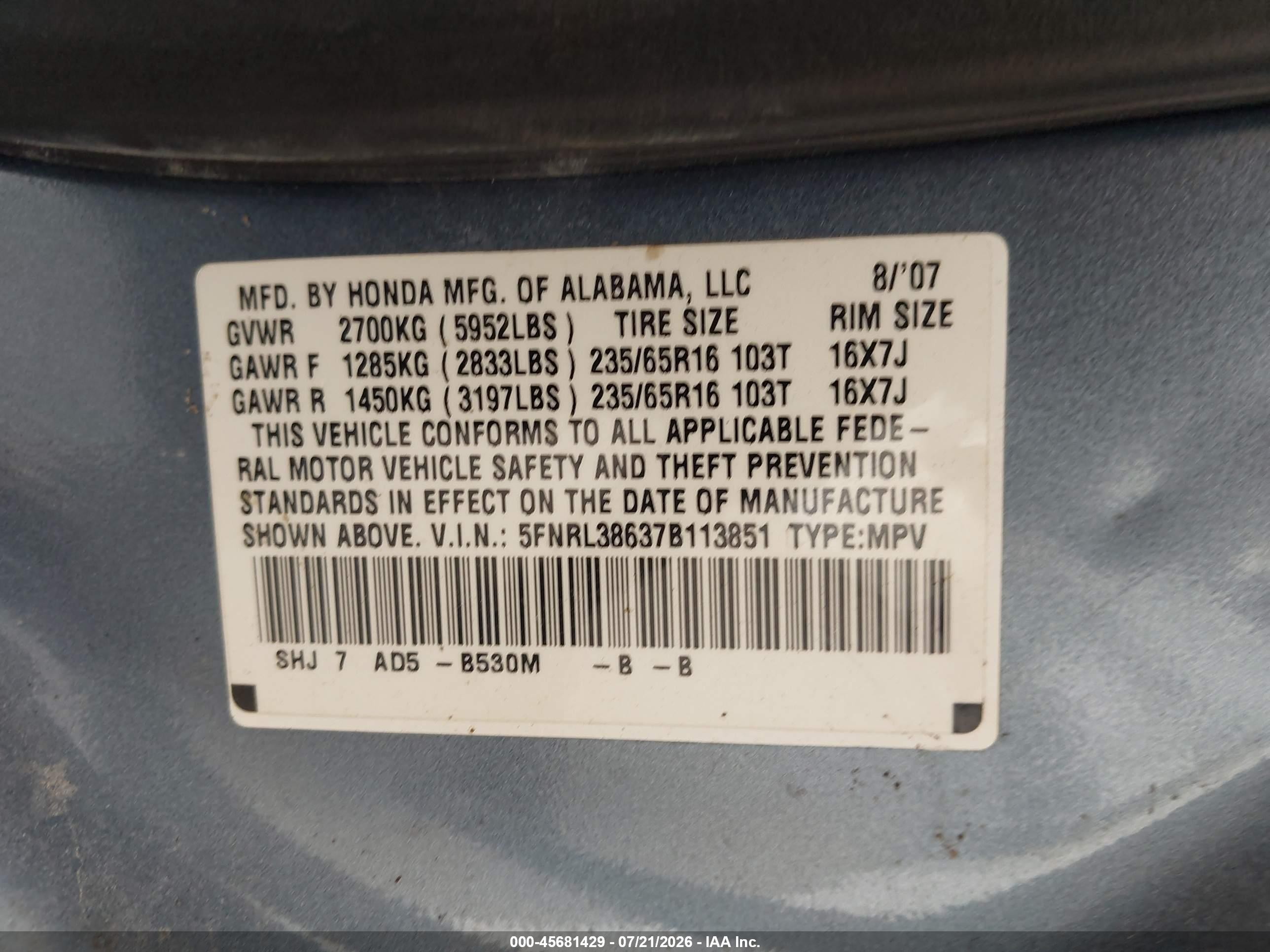 2007 Honda Odyssey Ex-l Light Blue vin: 5FNRL38637B113851