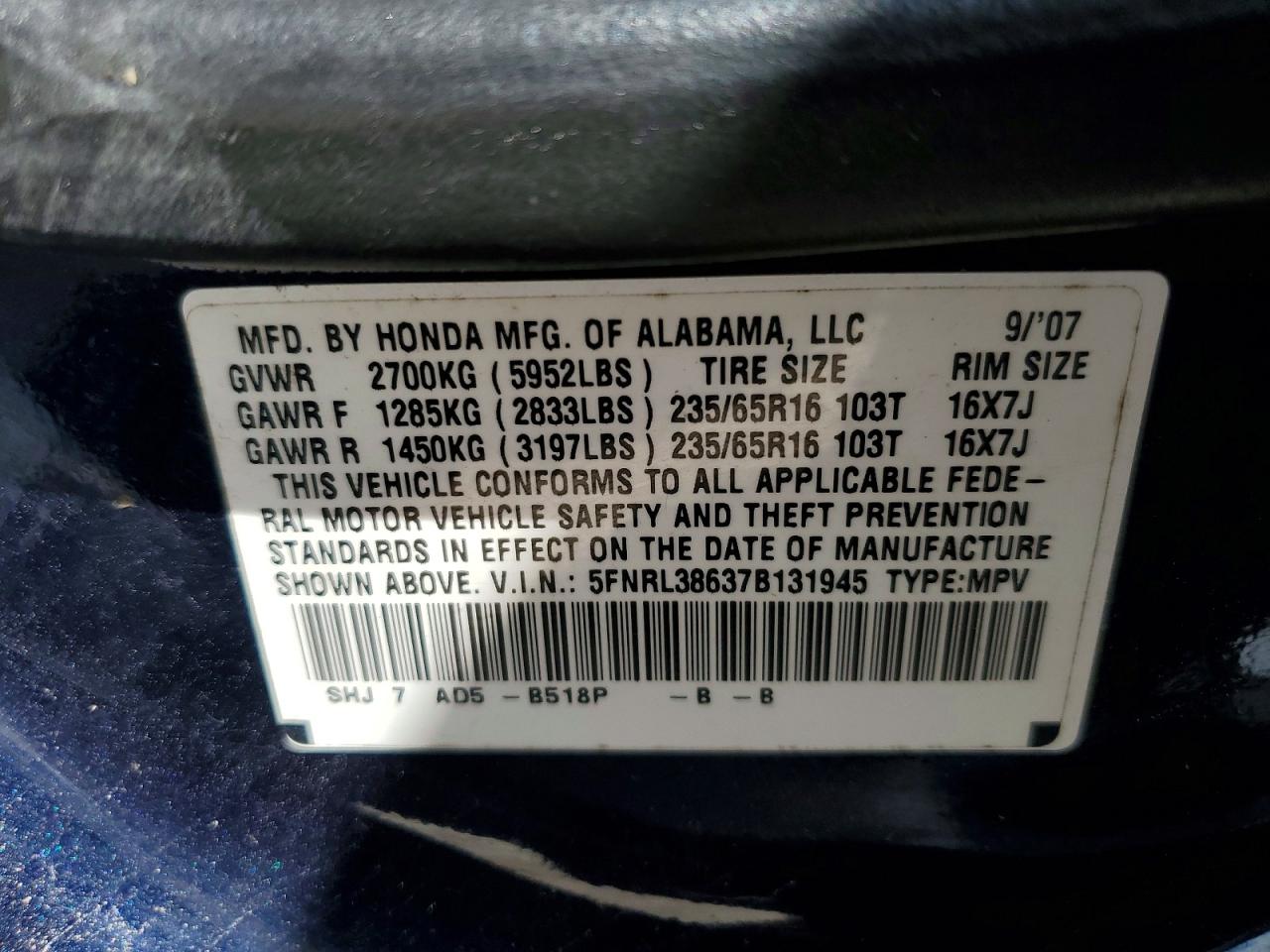 2007 Honda Odyssey Exl Blue vin: 5FNRL38637B131945