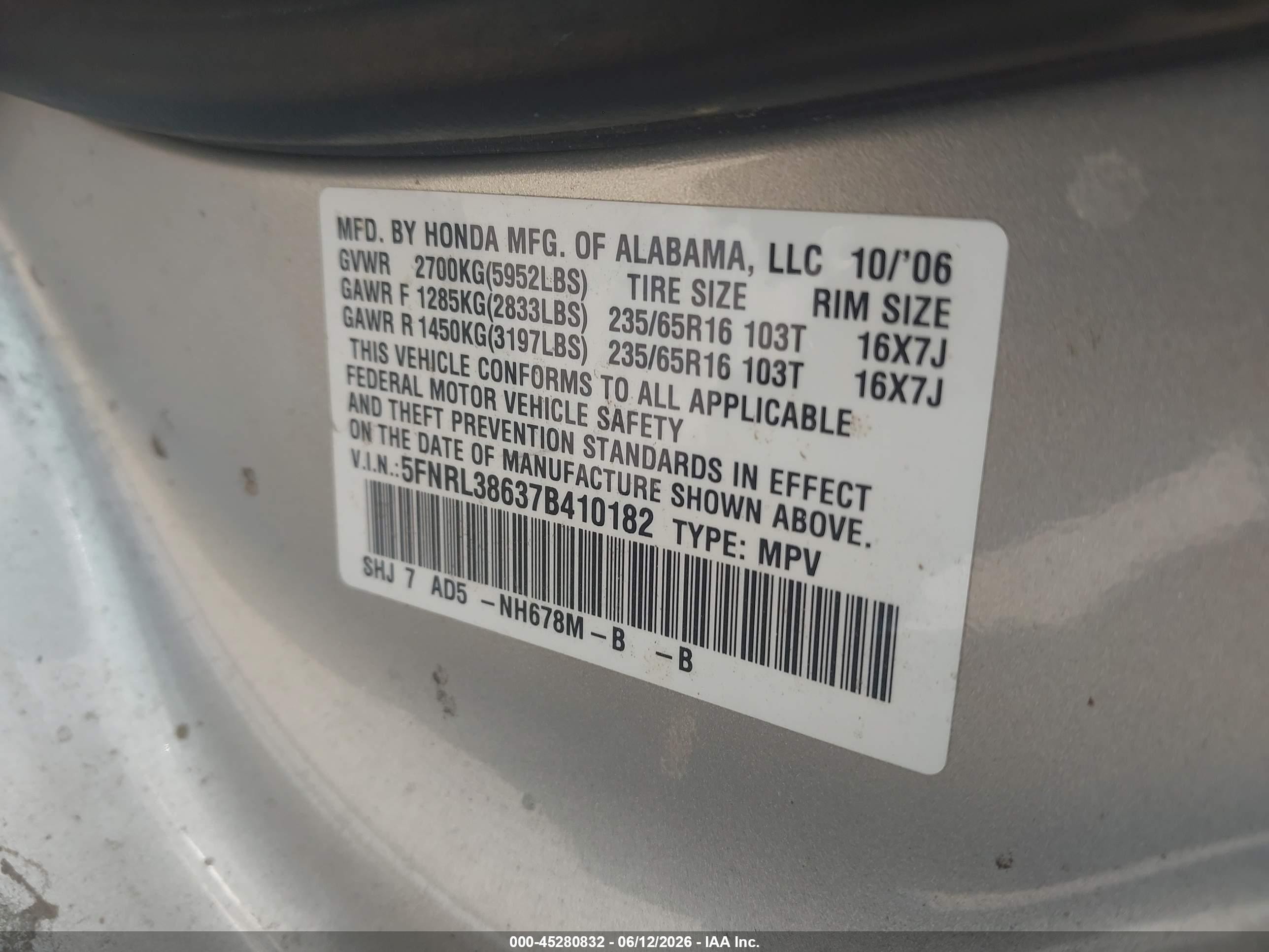 2007 Honda Odyssey Ex-l Silver vin: 5FNRL38637B410182