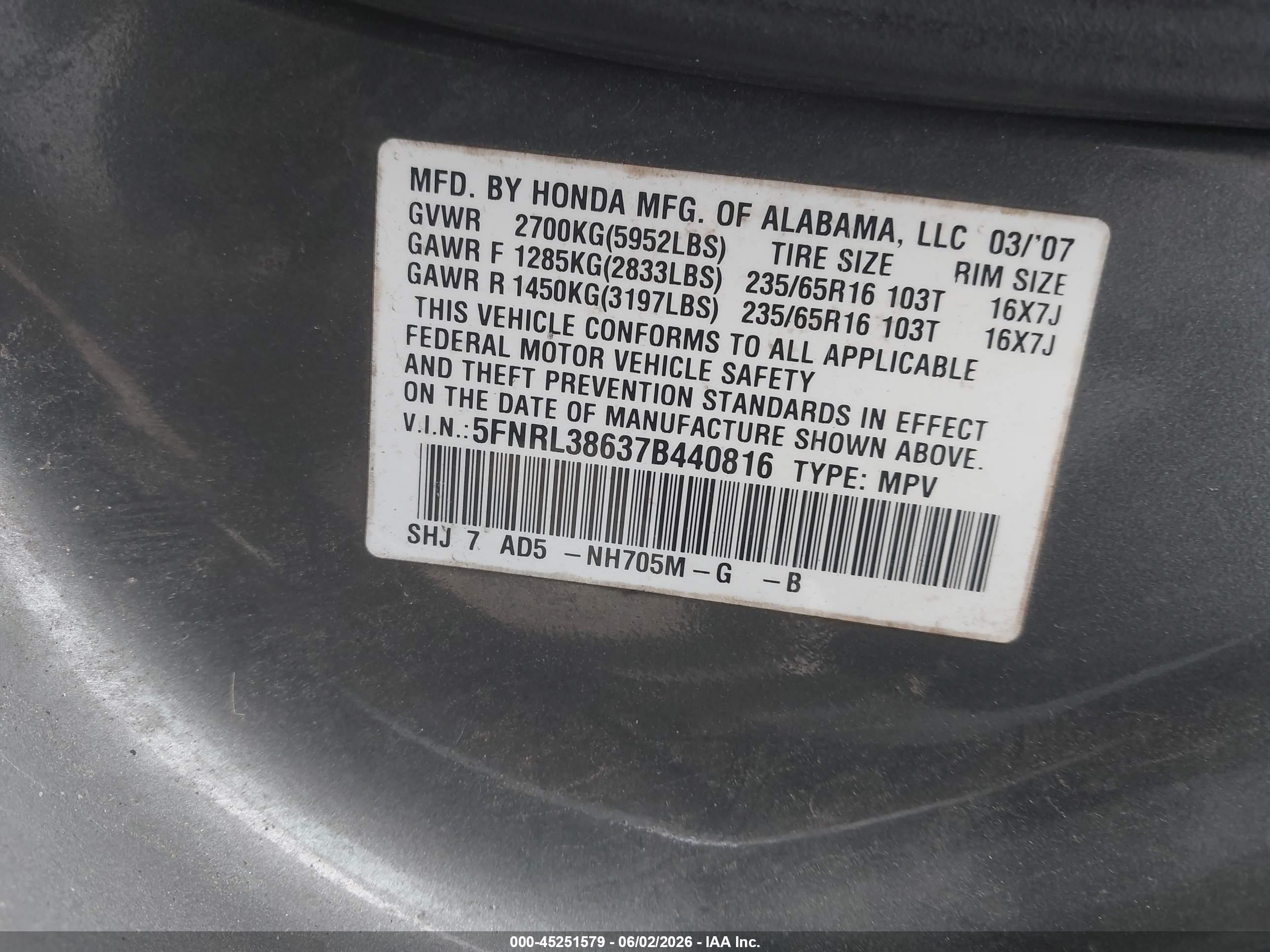2007 Honda Odyssey Ex-l Gray vin: 5FNRL38637B440816