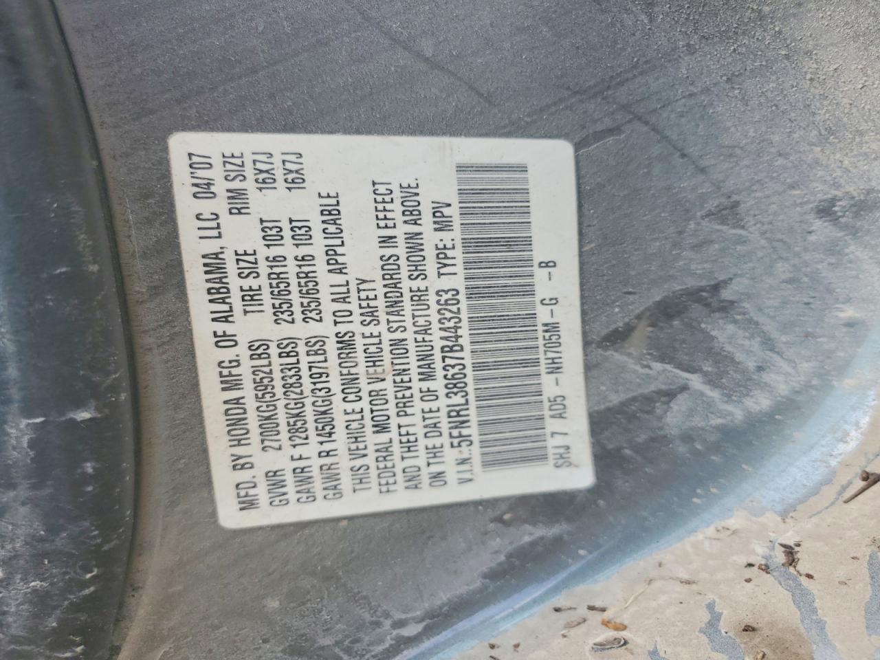 2007 Honda Odyssey Exl Gray vin: 5FNRL38637B443263