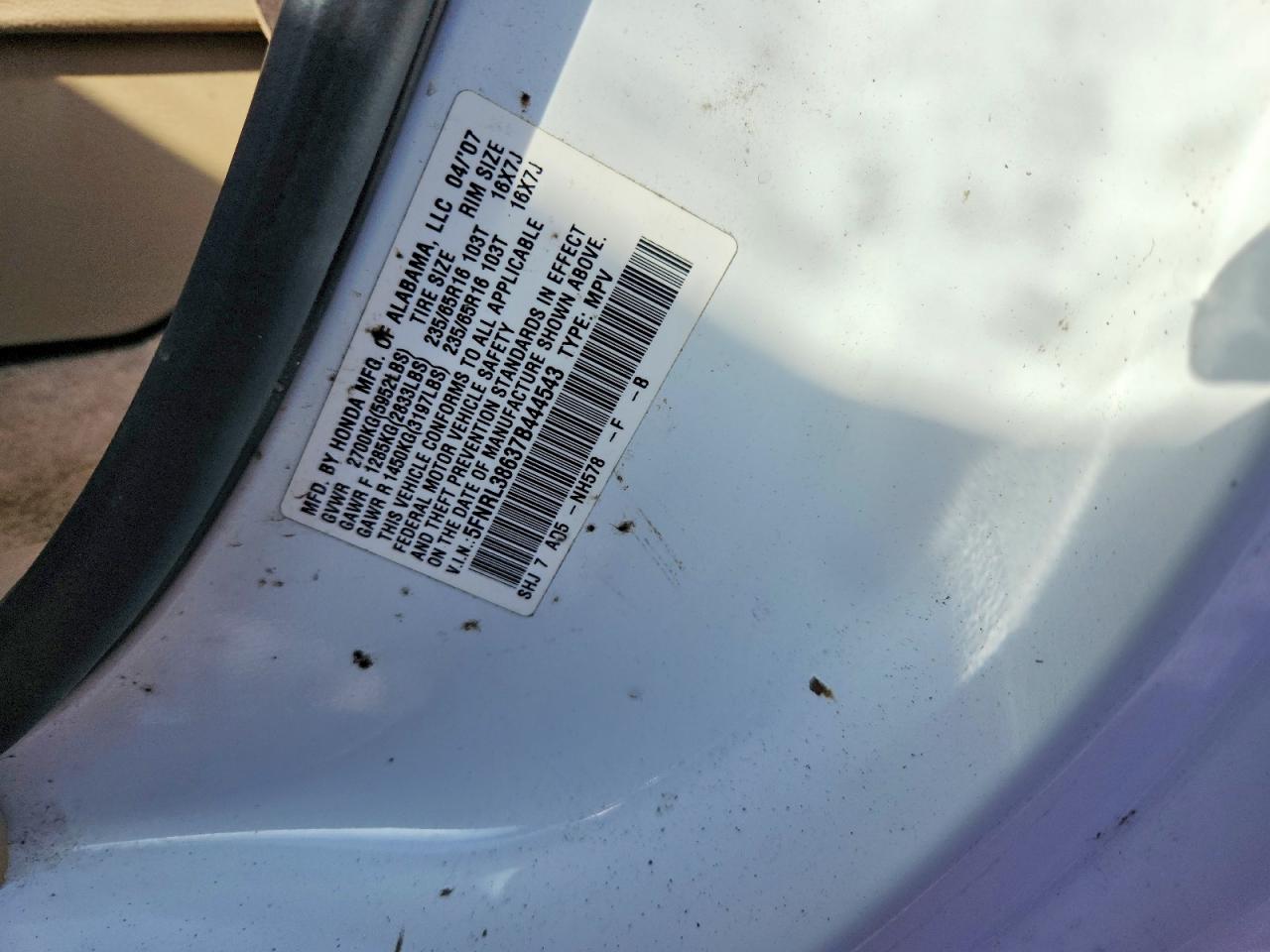 2007 Honda Odyssey Exl White vin: 5FNRL38637B444543
