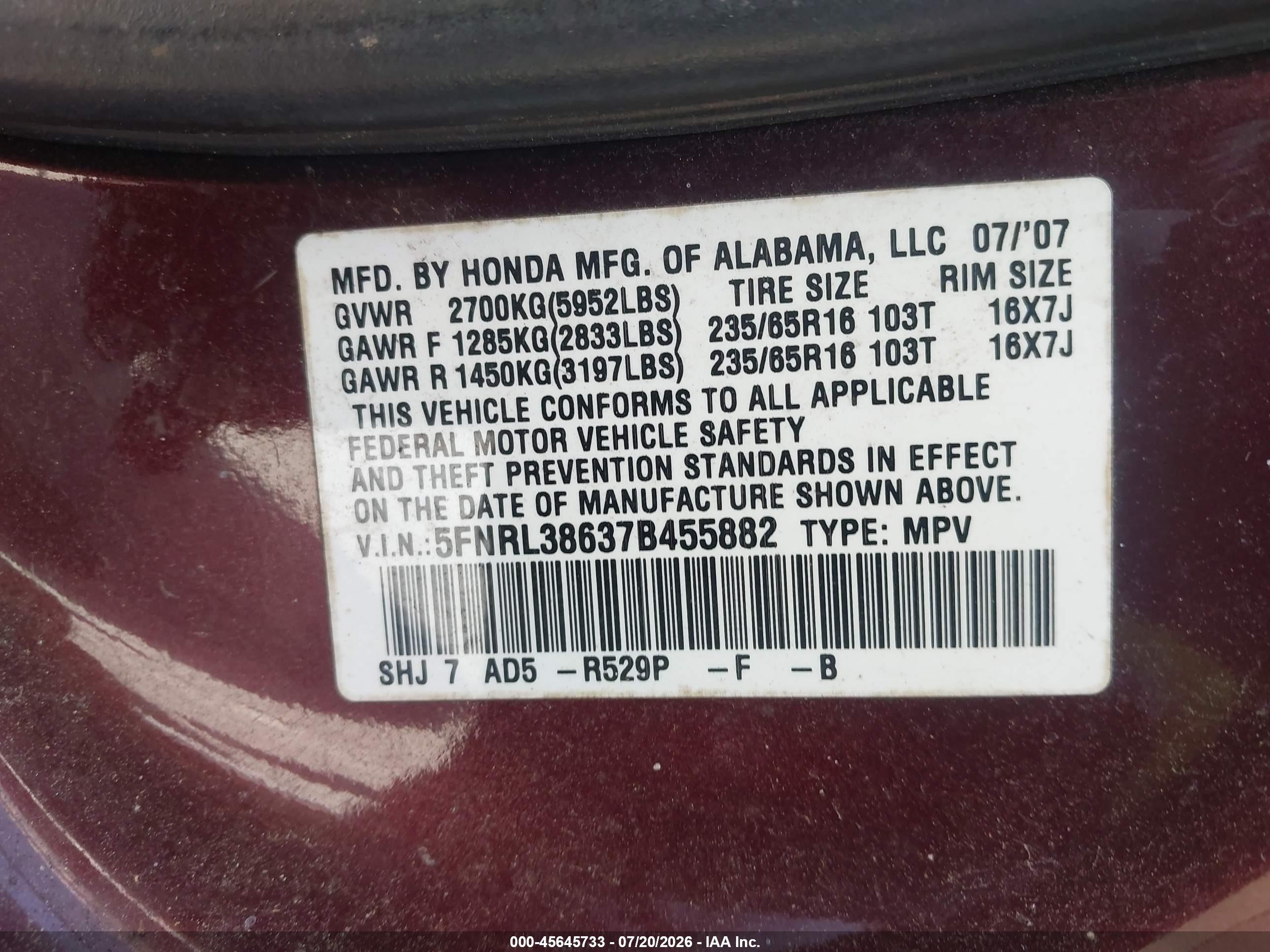 2007 Honda Odyssey Ex-l Purple vin: 5FNRL38637B455882