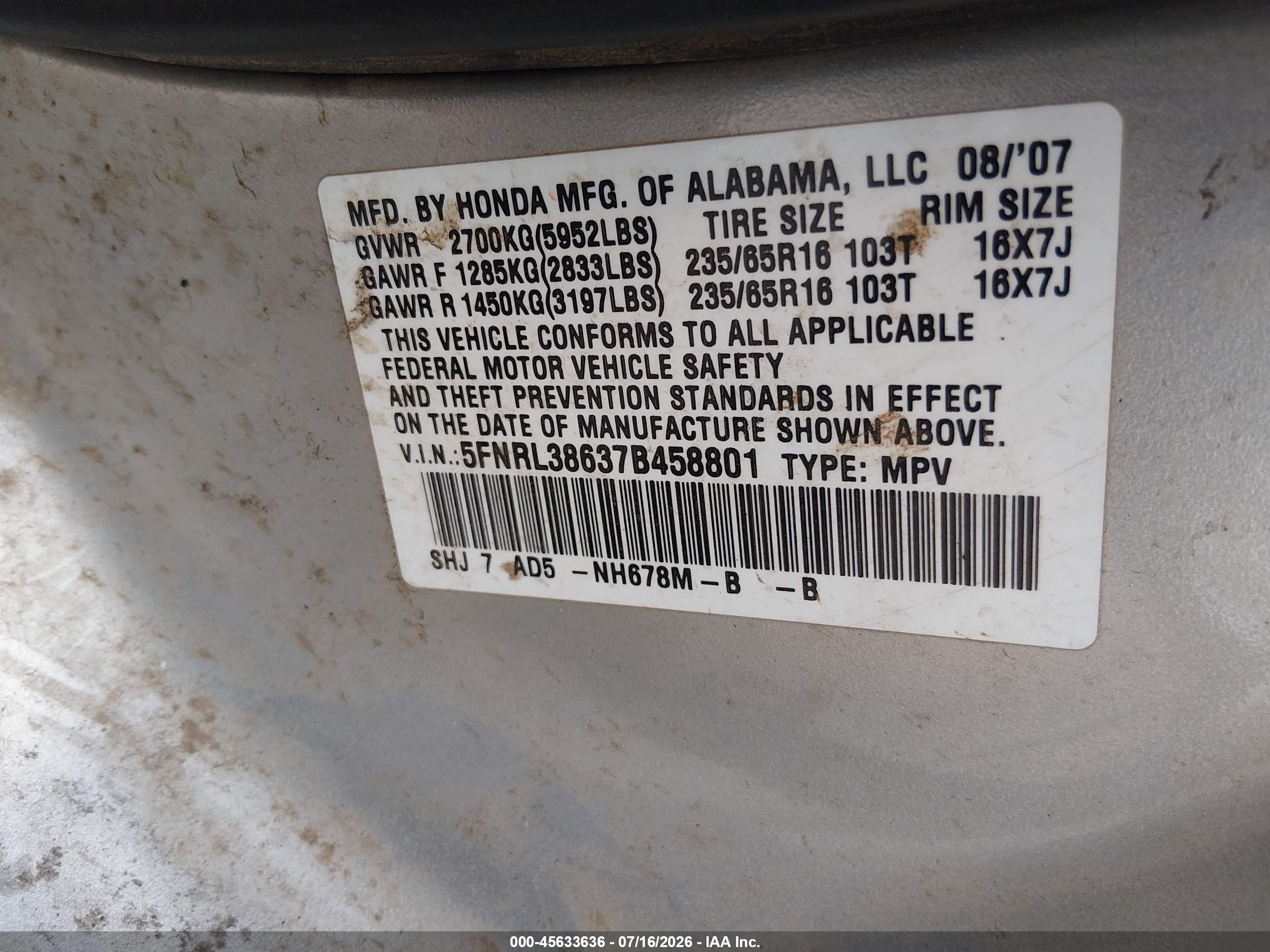 2007 Honda Odyssey Ex-l Серебряный vin: 5FNRL38637B458801