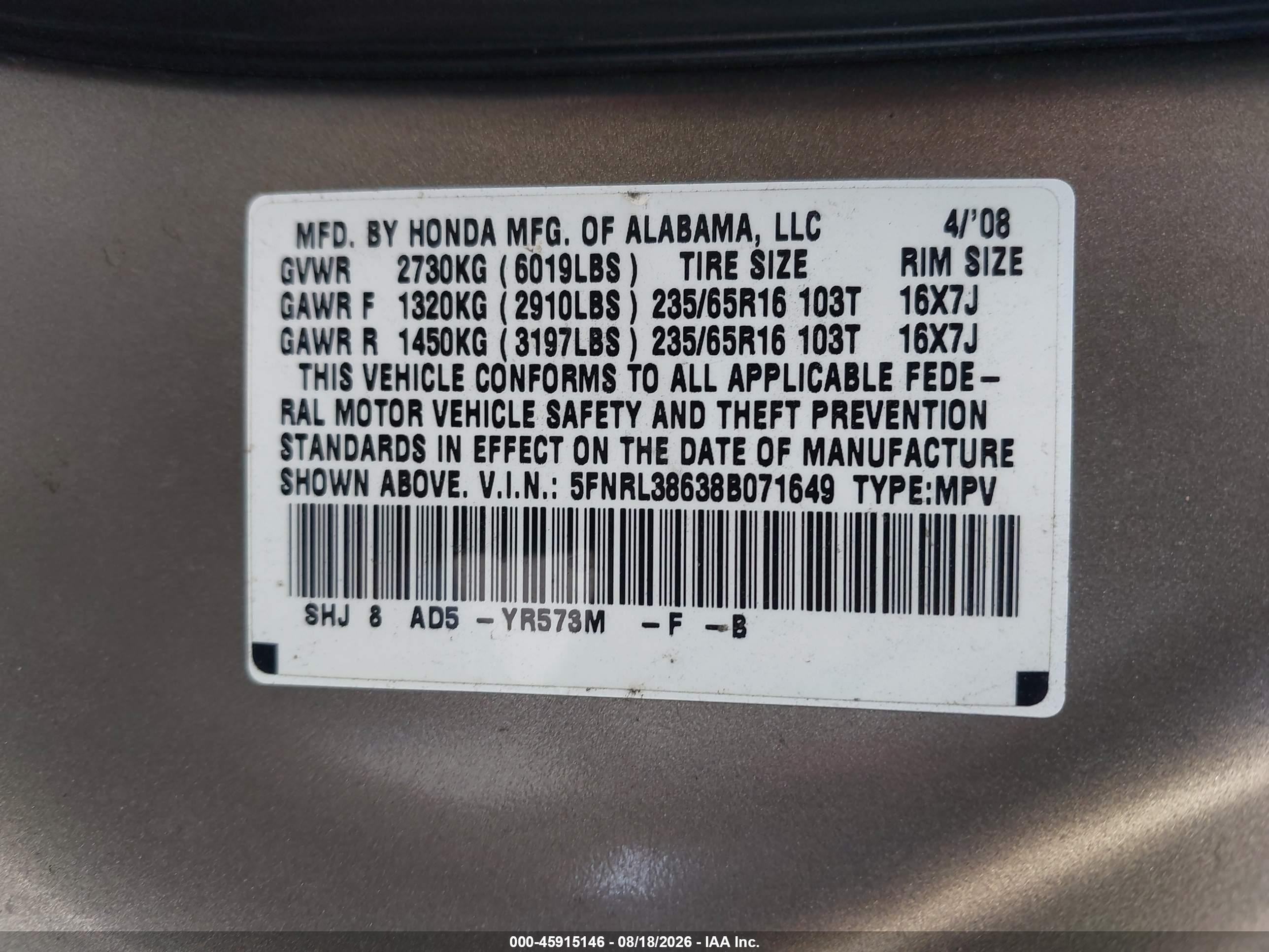 2008 Honda Odyssey Ex-l Gold vin: 5FNRL38638B071649