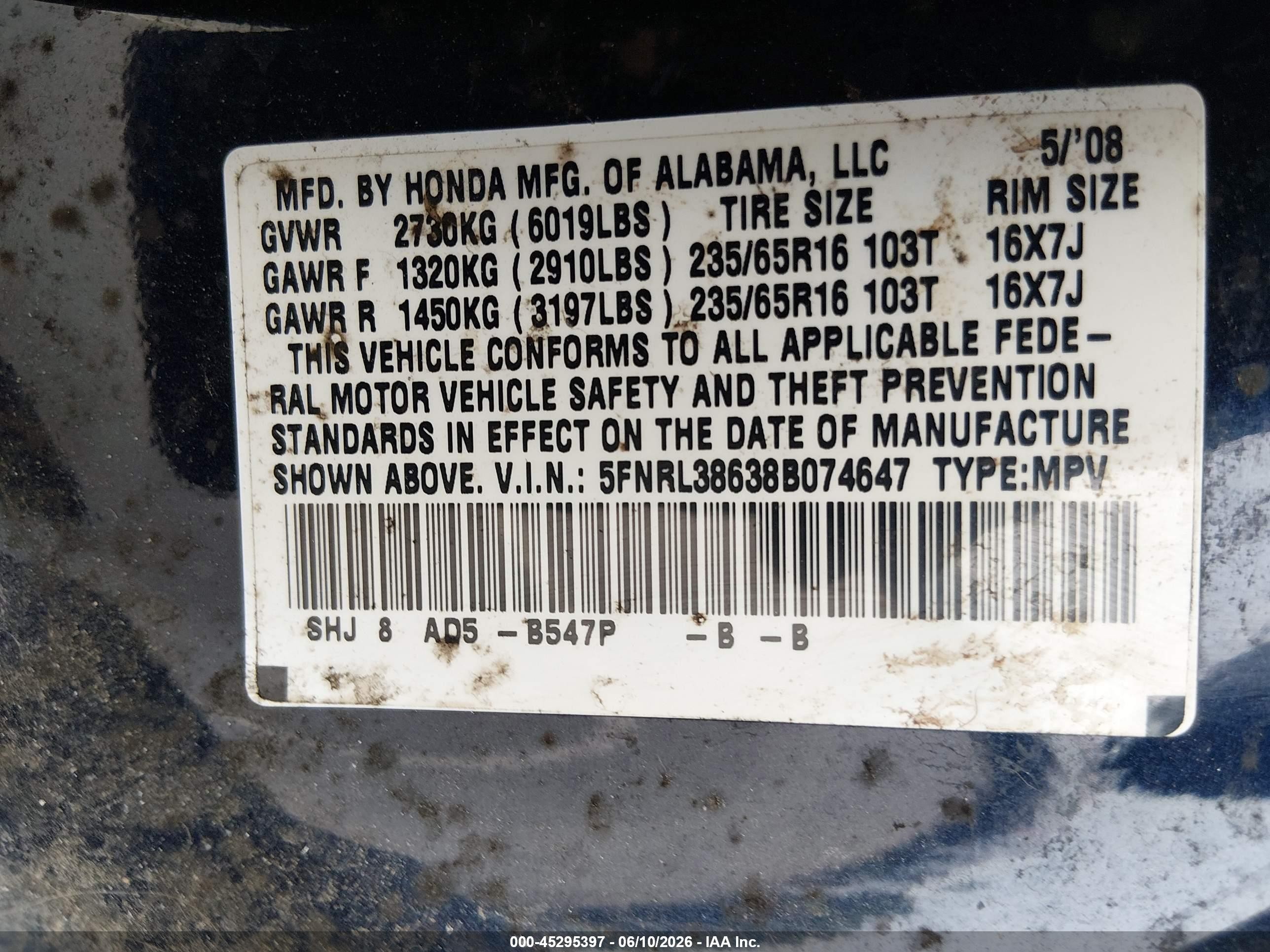 2008 Honda Odyssey Ex-l Синий vin: 5FNRL38638B074647