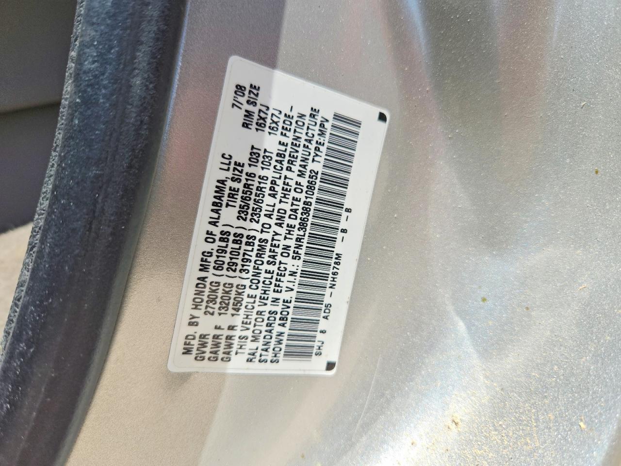 2008 Honda Odyssey Exl Silver vin: 5FNRL38638B108652
